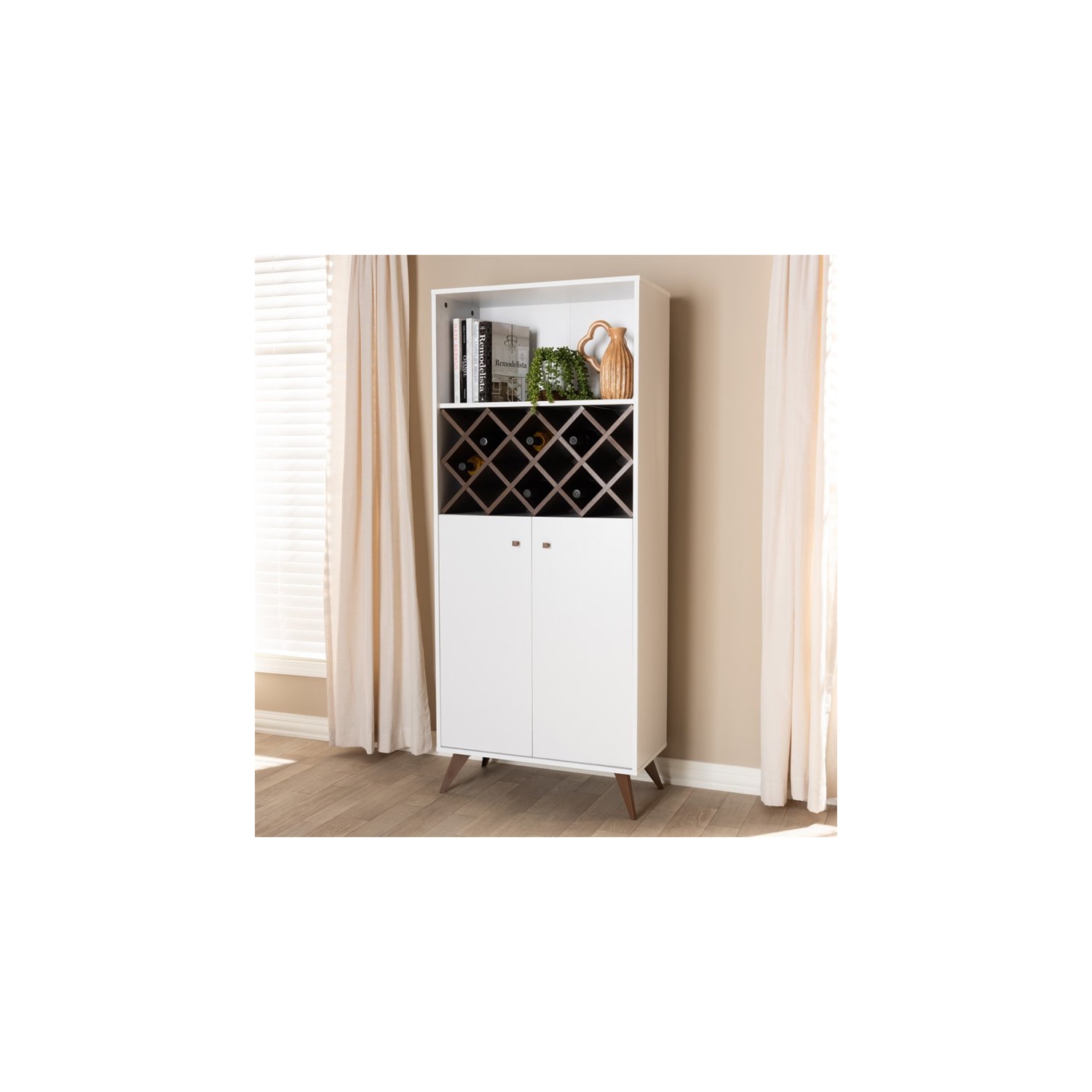 Baxton Studio Serafino Wood Wine Cabinet in White and Walnut