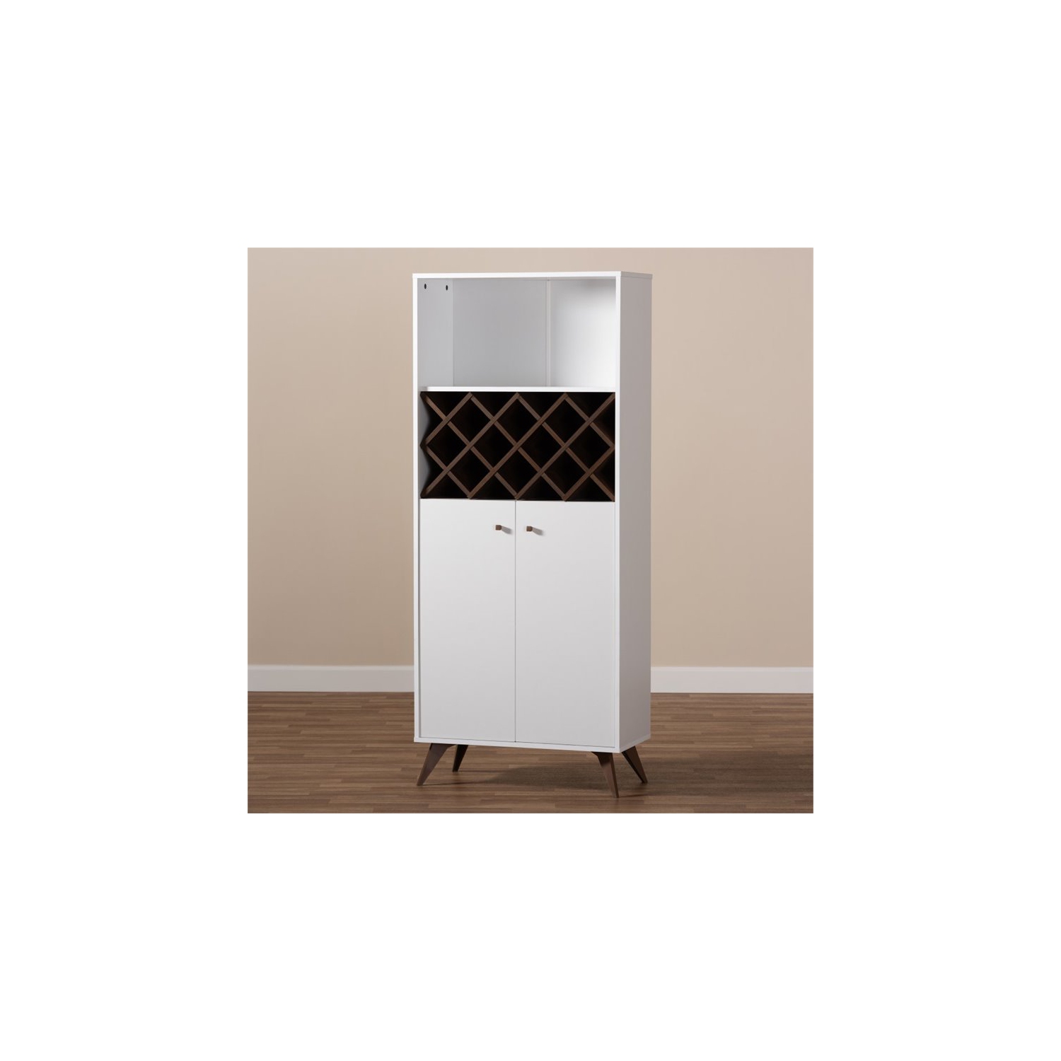 Baxton Studio Serafino Wood Wine Cabinet in White and Walnut