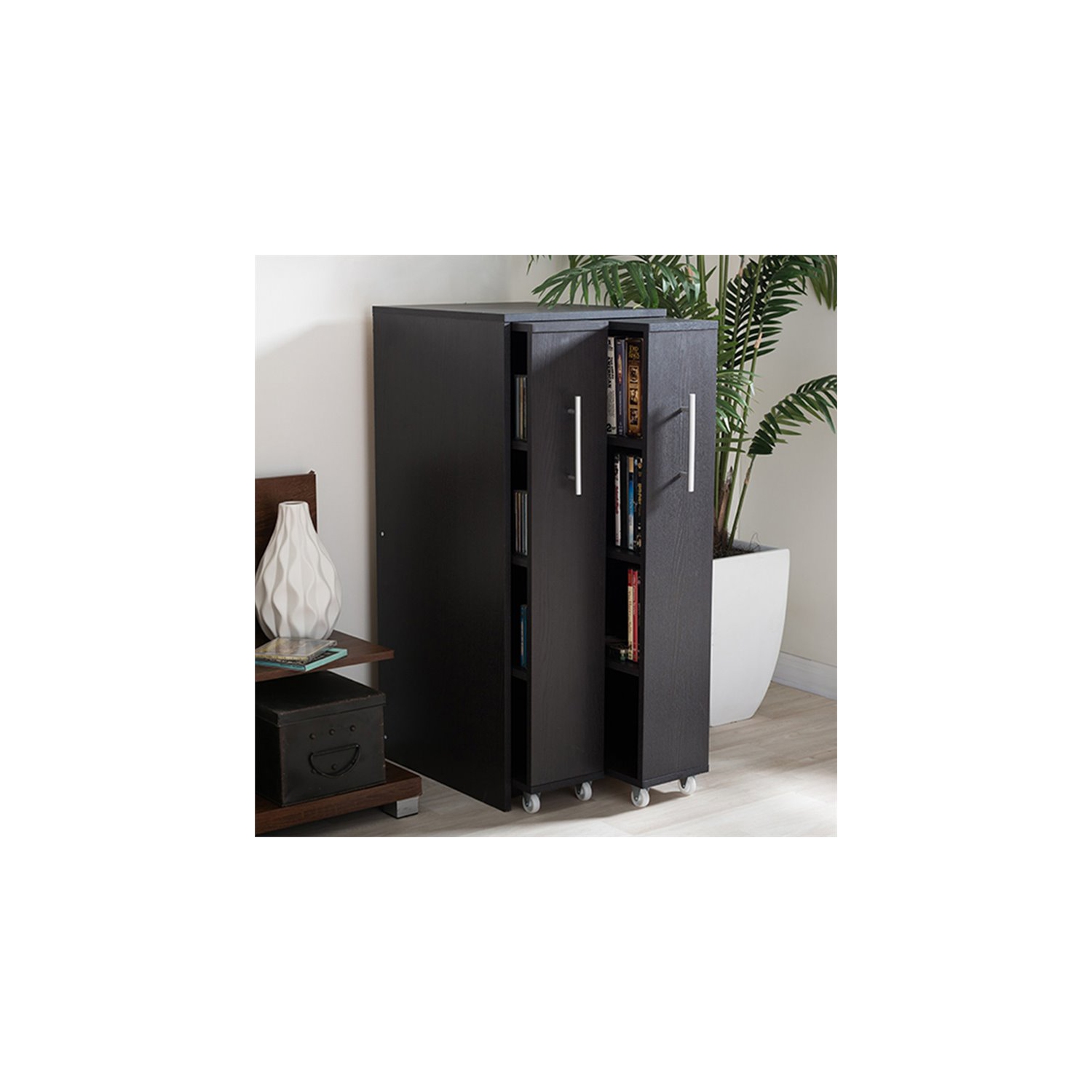 Baxton Studio Lindo 2 Pull Out Door Media Storage Cabinet in Brown