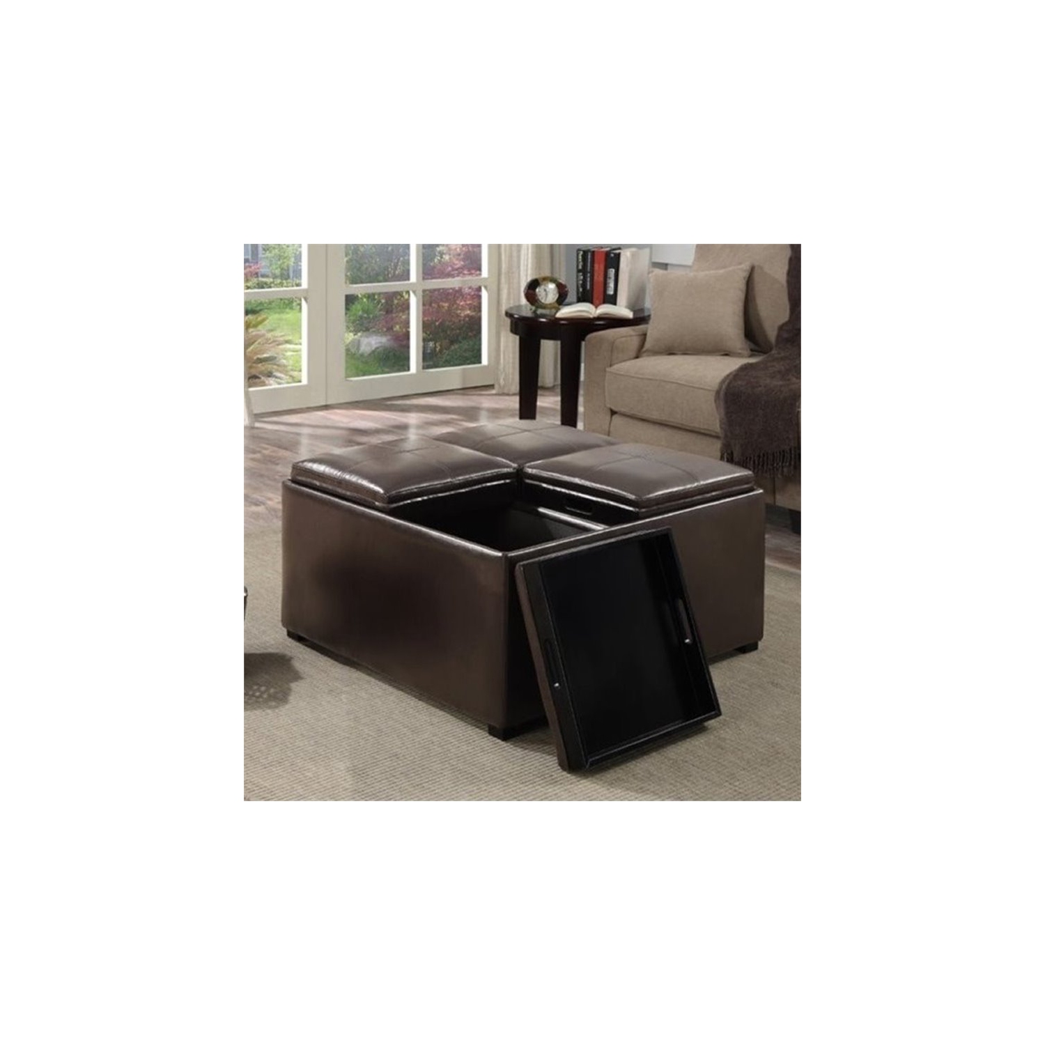 Simpli Home Avalon Square Faux Leather Ottoman in Chocolate Brown