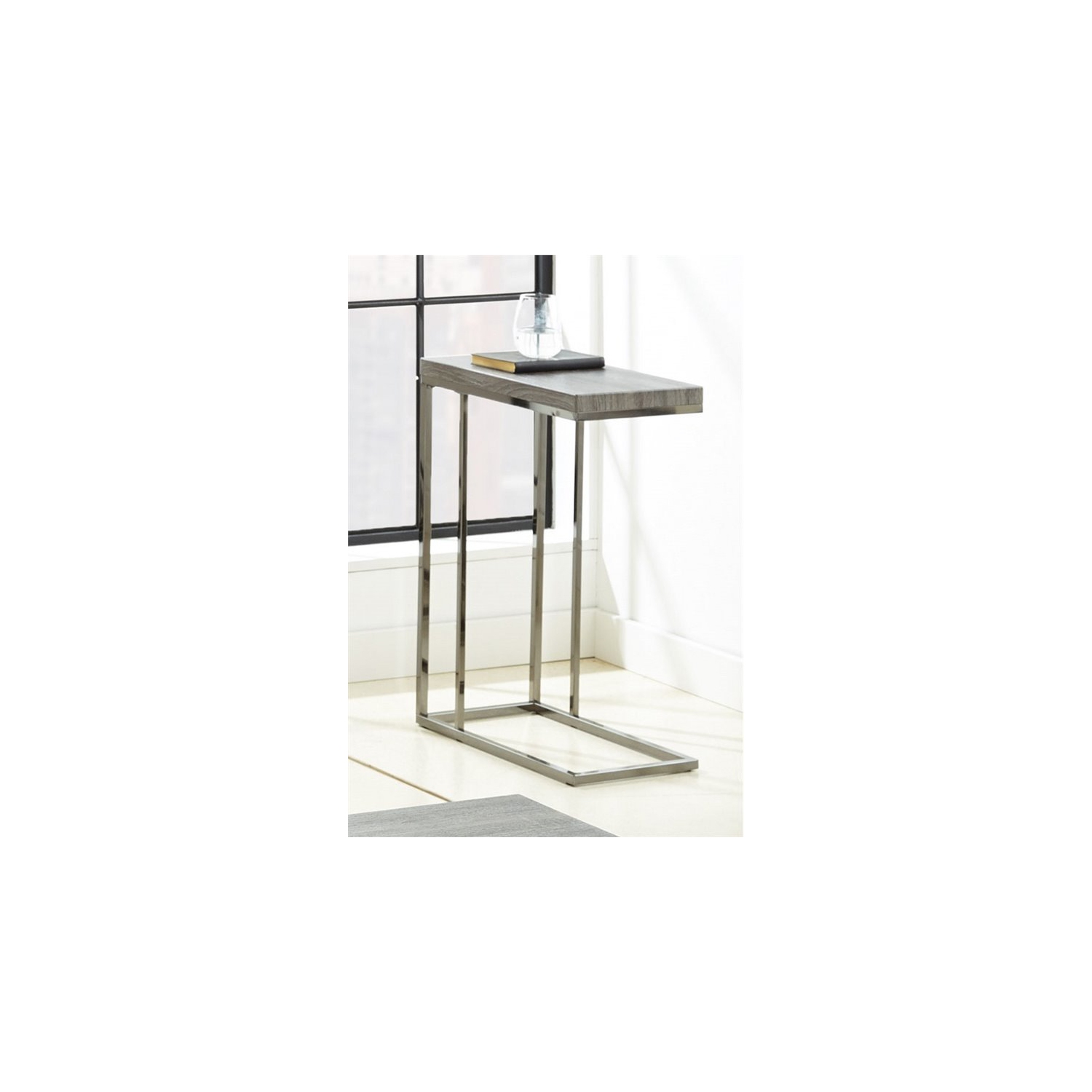 Lucia Chairside End Table in Nickel base Driftwood Gray top