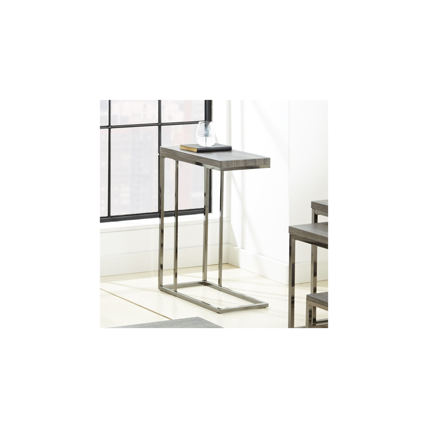 Lucia Chairside End Table in Nickel base Driftwood Gray top
