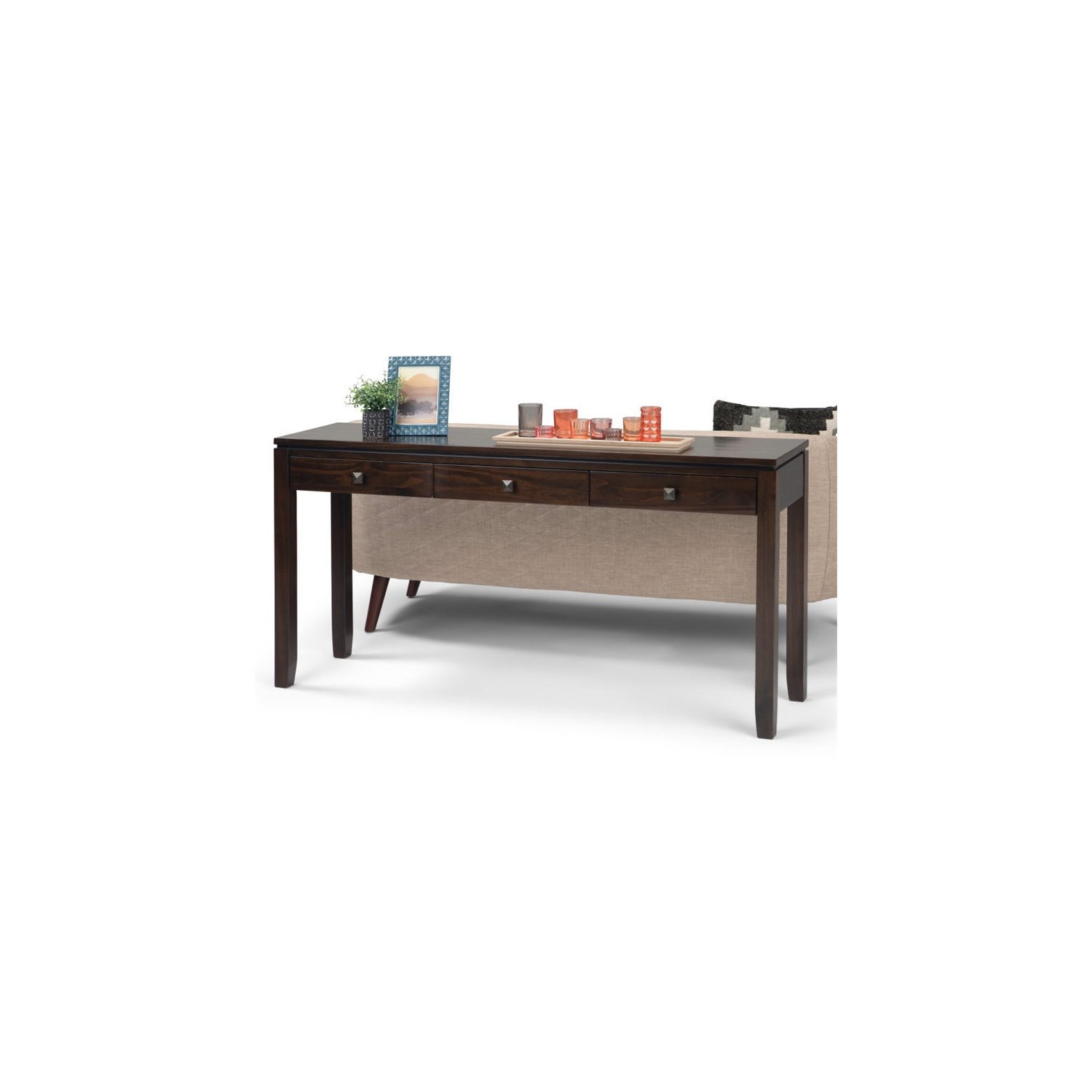 Simpli Home Cosmopolitan Solid Wood Wide Console Sofa Table in Mahogany Brown