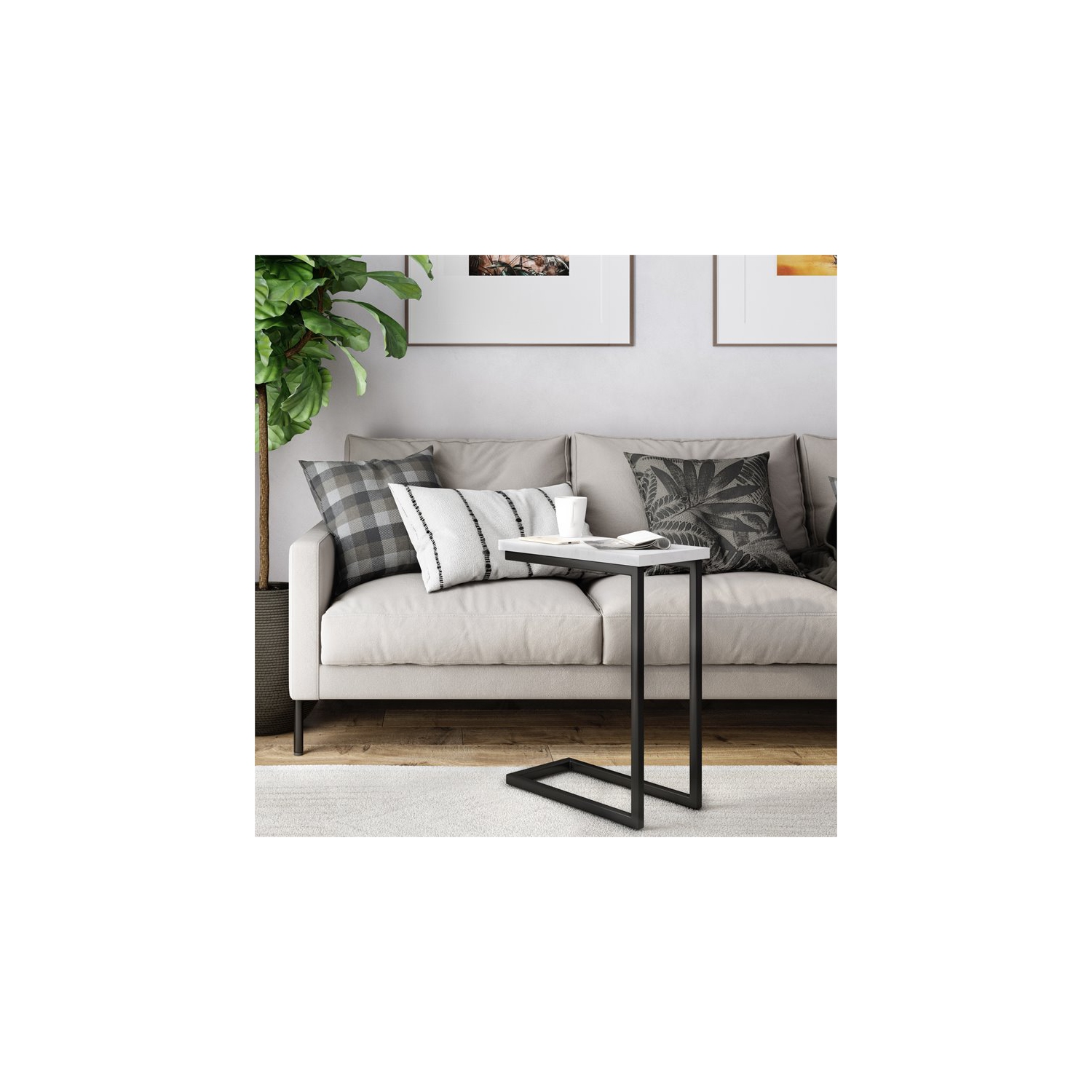 Simpli Home Skyler Industrial 18 " Metal C Side Table with Marble Top in White