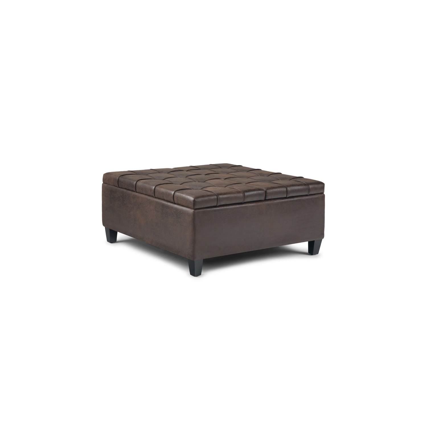 Simpli Home Harrison 36" Transitional Square Coffee Table Ottoman in Brown Faux Leather