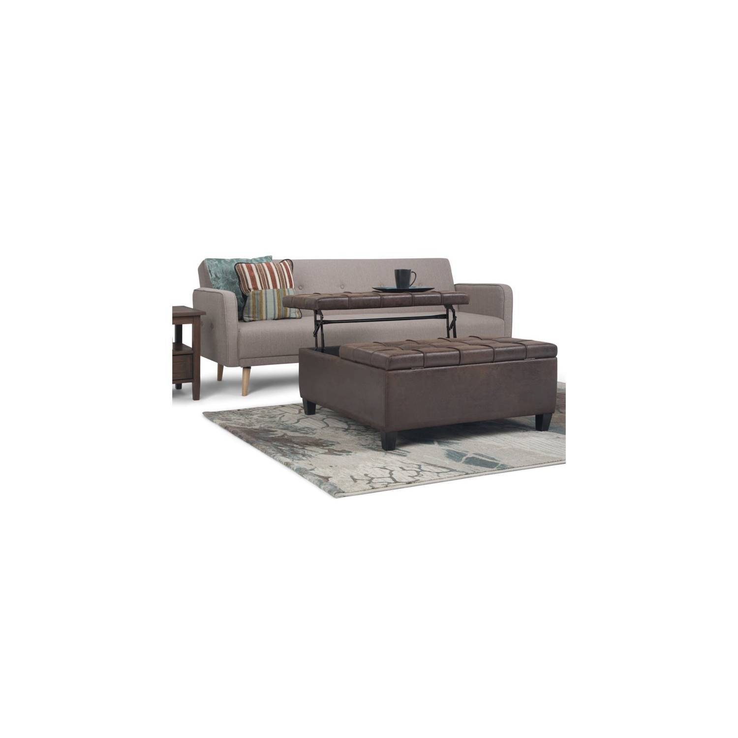 Simpli Home Harrison 36" Transitional Square Coffee Table Ottoman in Brown Faux Leather