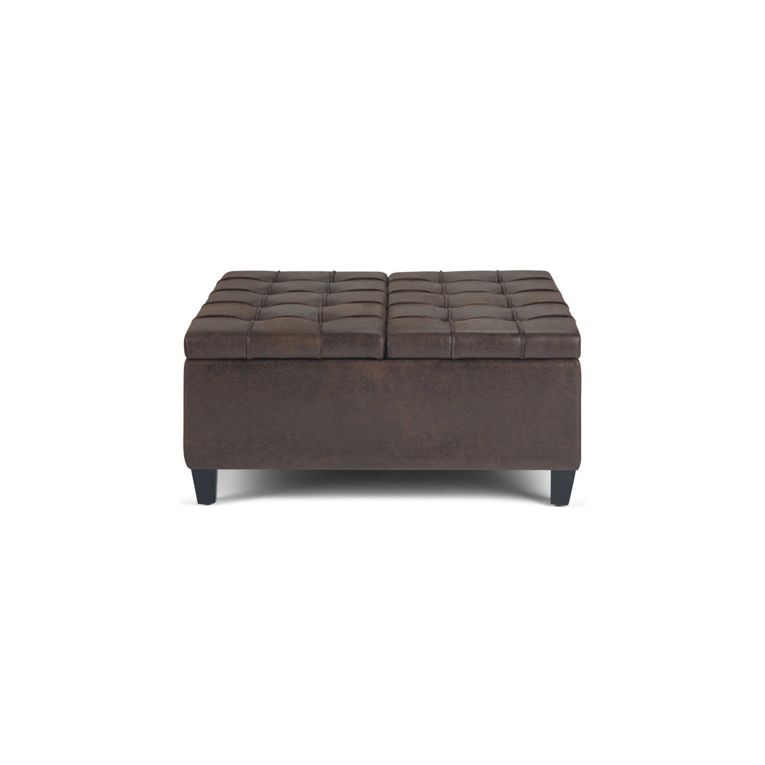 Simpli Home Harrison 36" Transitional Square Coffee Table Ottoman in Brown Faux Leather