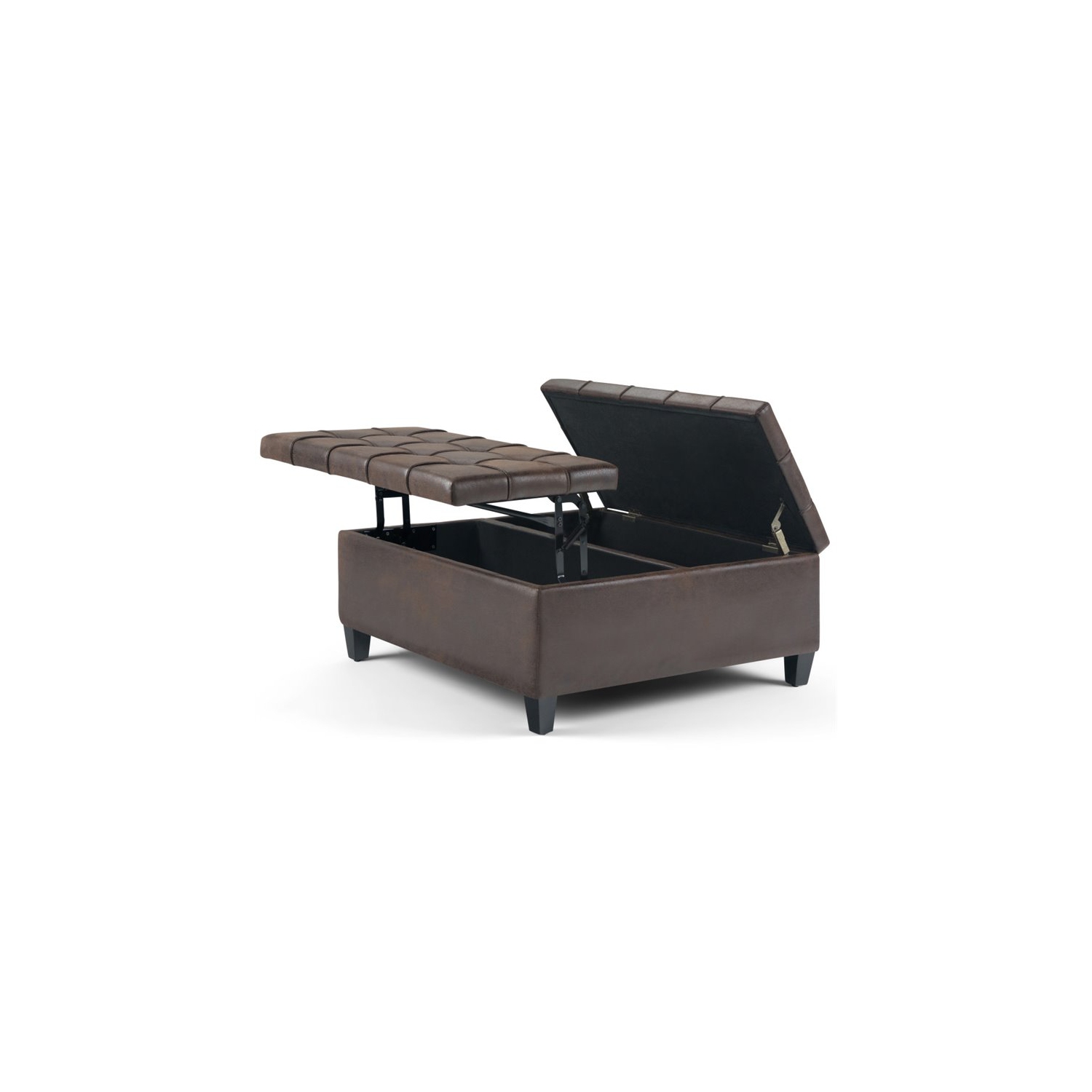 Simpli Home Harrison 36" Transitional Square Coffee Table Ottoman in Brown Faux Leather