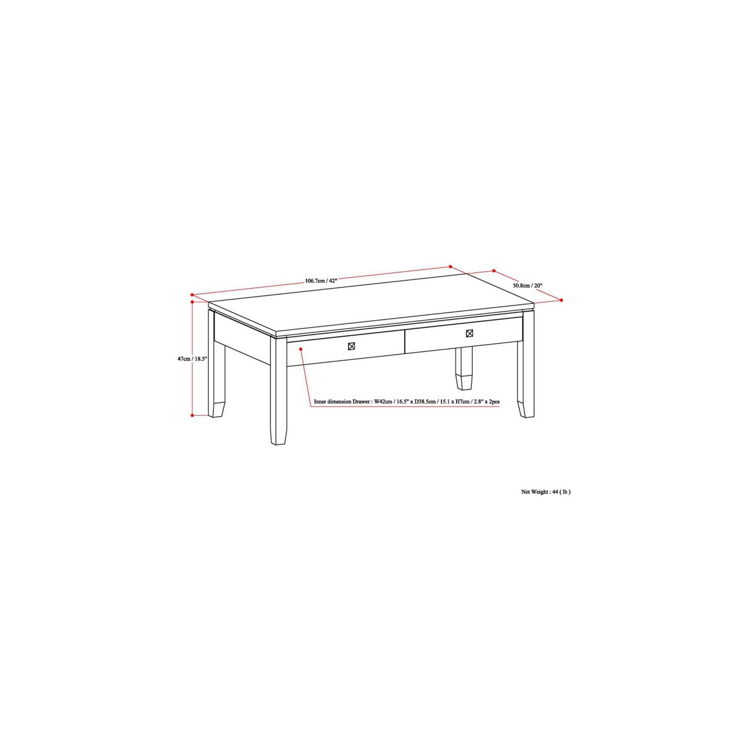 Simpli Home Cosmopolitan Solid Wood Coffee Table with Drawers in Mahogany Brown