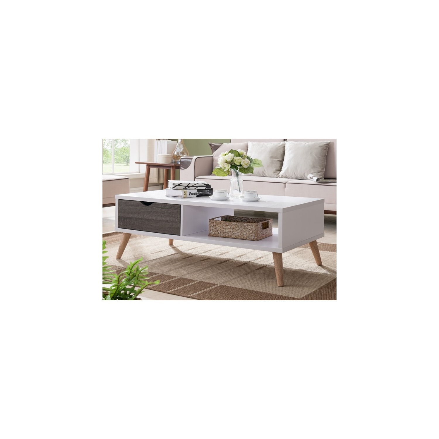 Table basse à 1 tiroir en bois Paulson de Furniture of America en blanc et gris foncé