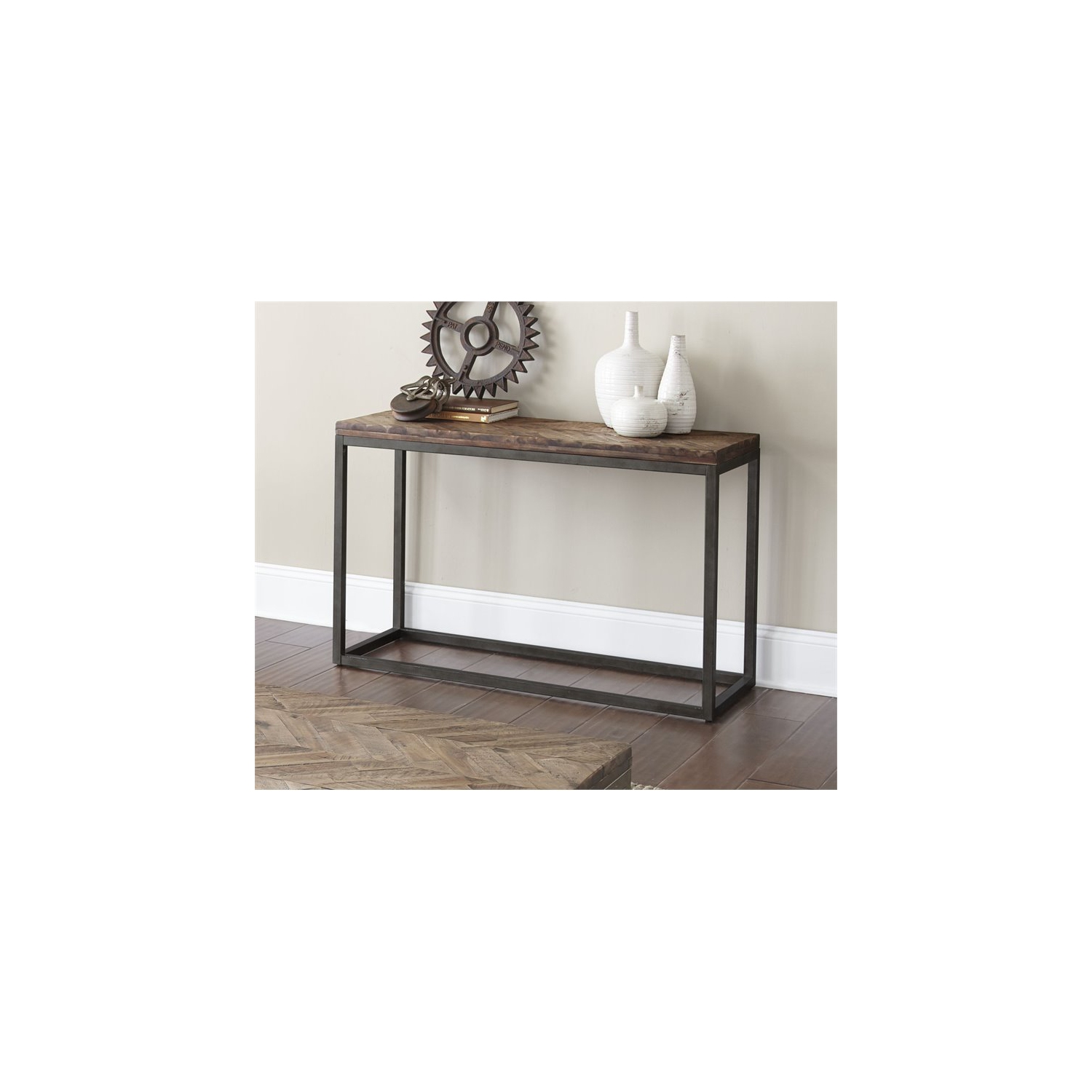 Lorenza Console Table in Distressed Brown Wood with Nickel base