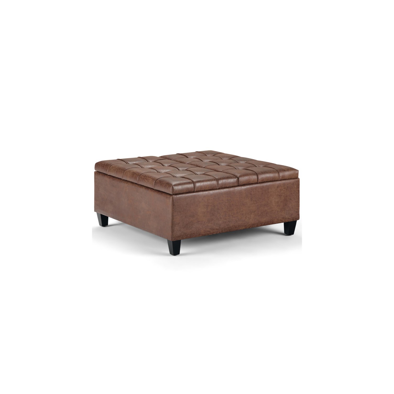 Simpli Home Harrison 36" Transitional Square Coffee Table Ottoman in Umber Brown Faux Leather