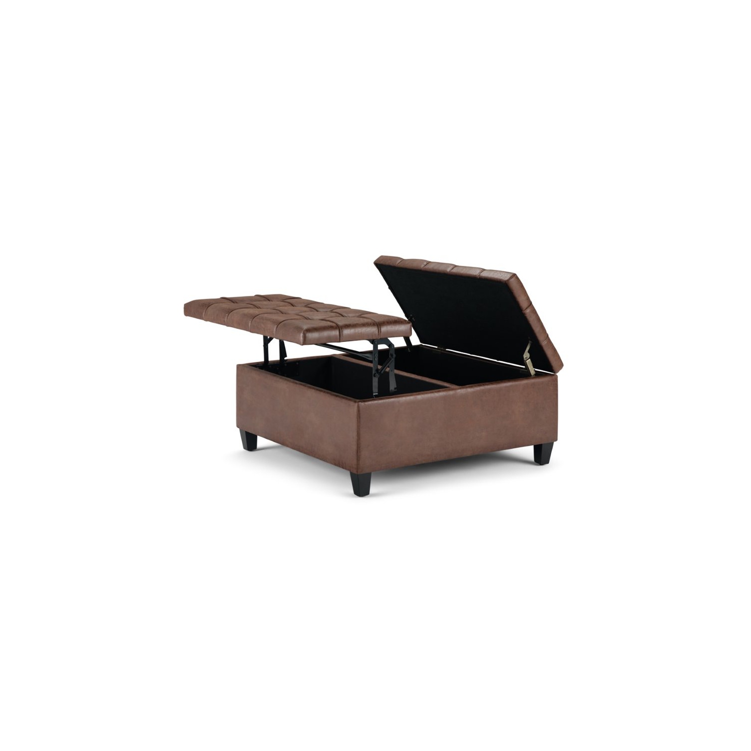 Simpli Home Harrison 36" Transitional Square Coffee Table Ottoman in Umber Brown Faux Leather