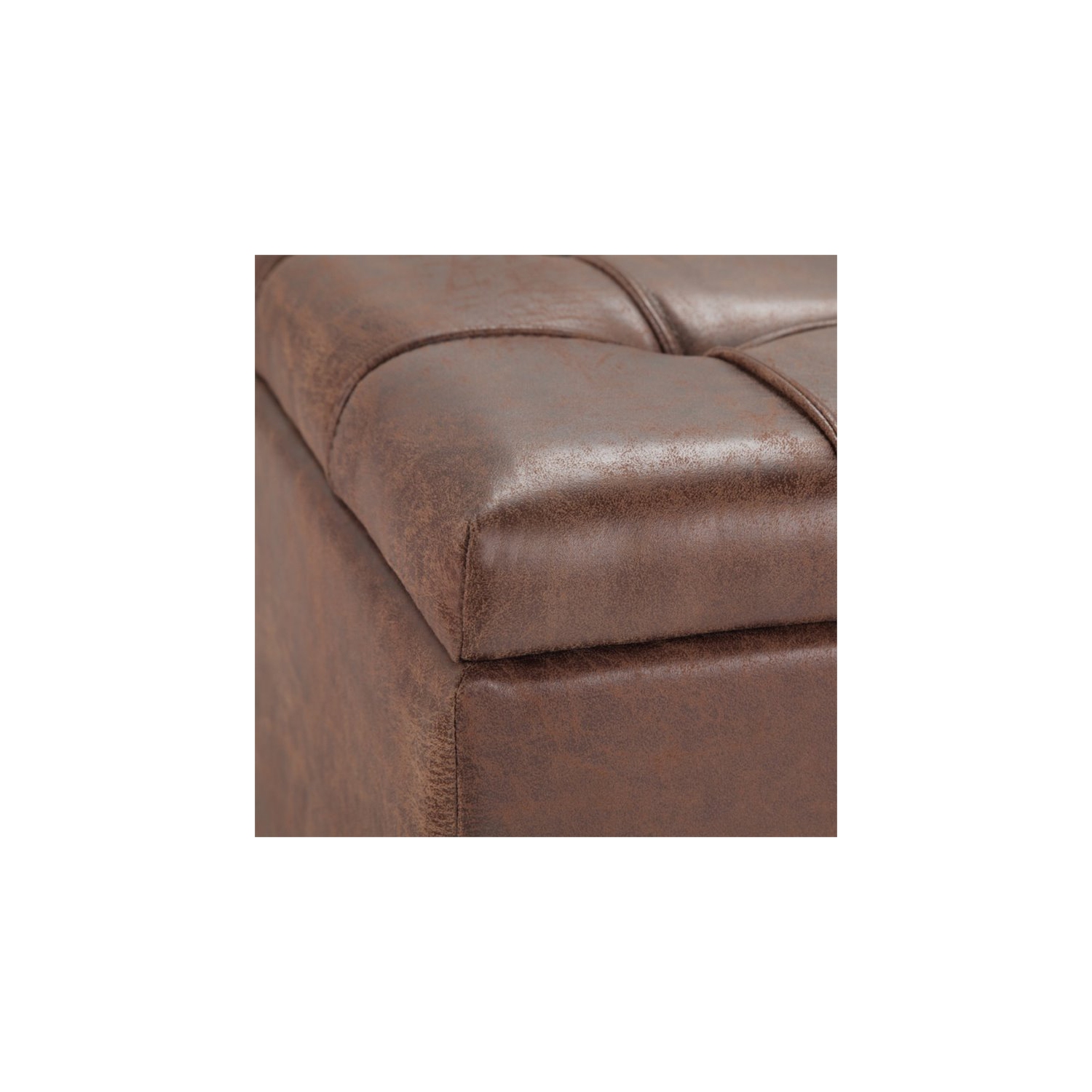 Simpli Home Harrison 36" Transitional Square Coffee Table Ottoman in Umber Brown Faux Leather