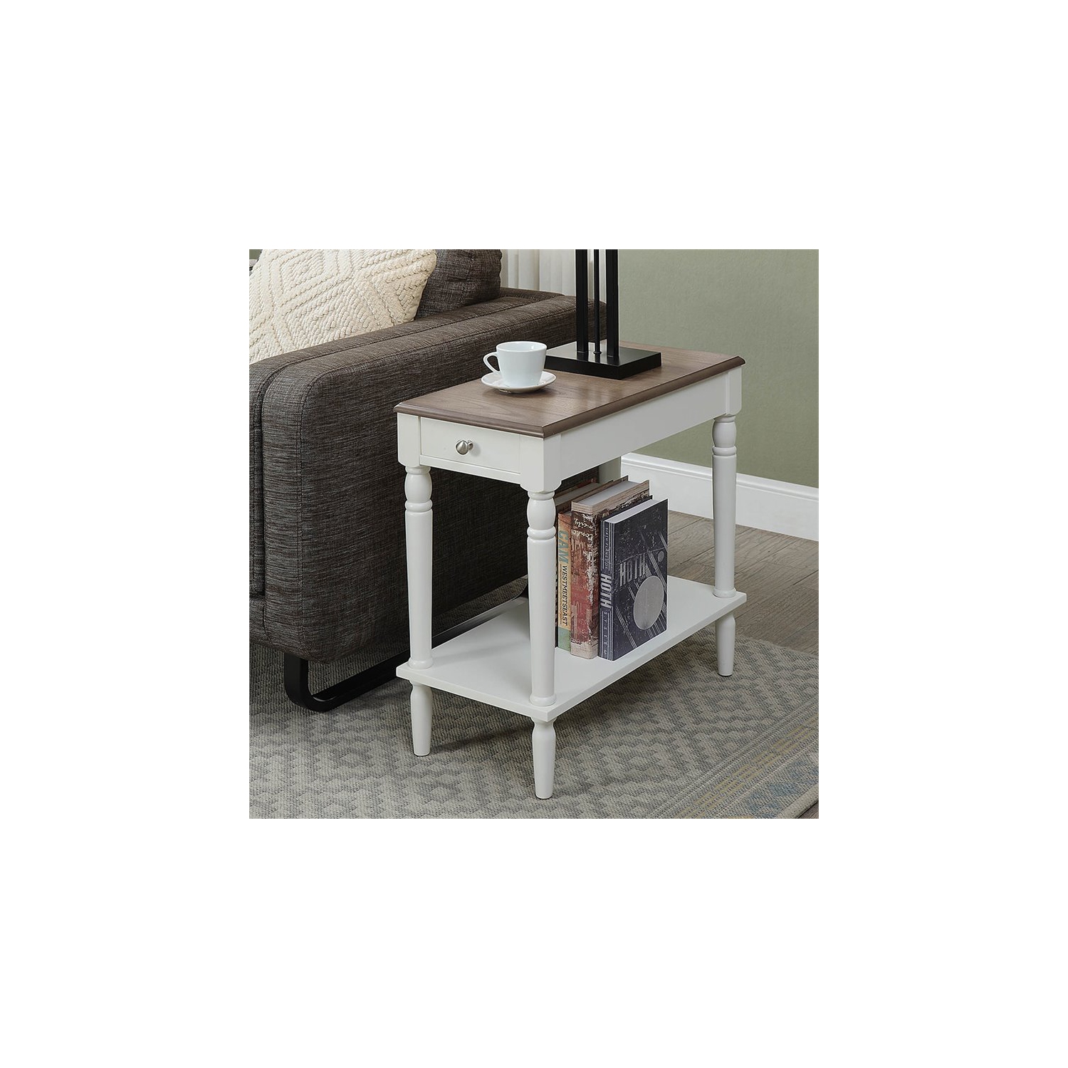 French Country One-Drawer End Table in Driftwood and White Wood Finish