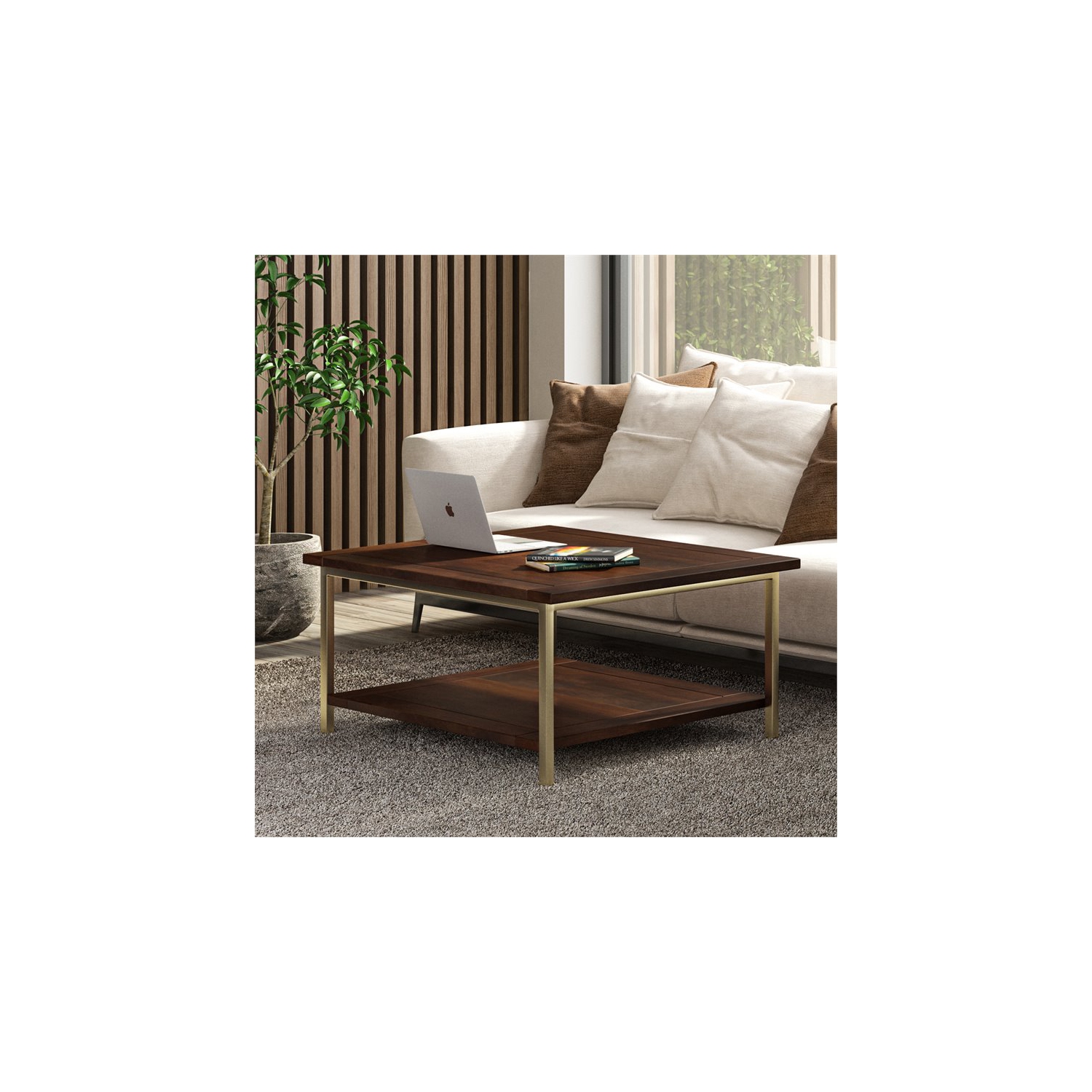 Table basse industrielle carrée de 34 po en métal et en bois de manguier Skyler de Simpli Home - Brun foncé - Doré