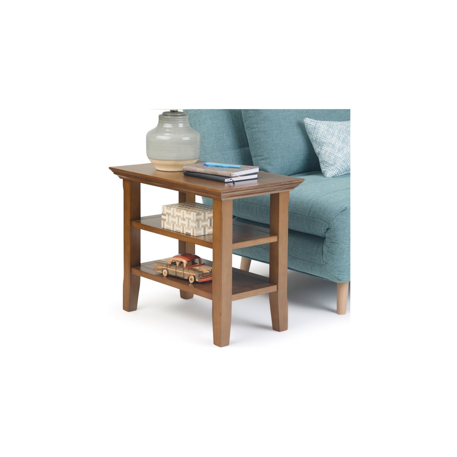 Simpli Home Acadian Wood 14" Rectangle Transitional Narrow Side Table in Light Golden Brown