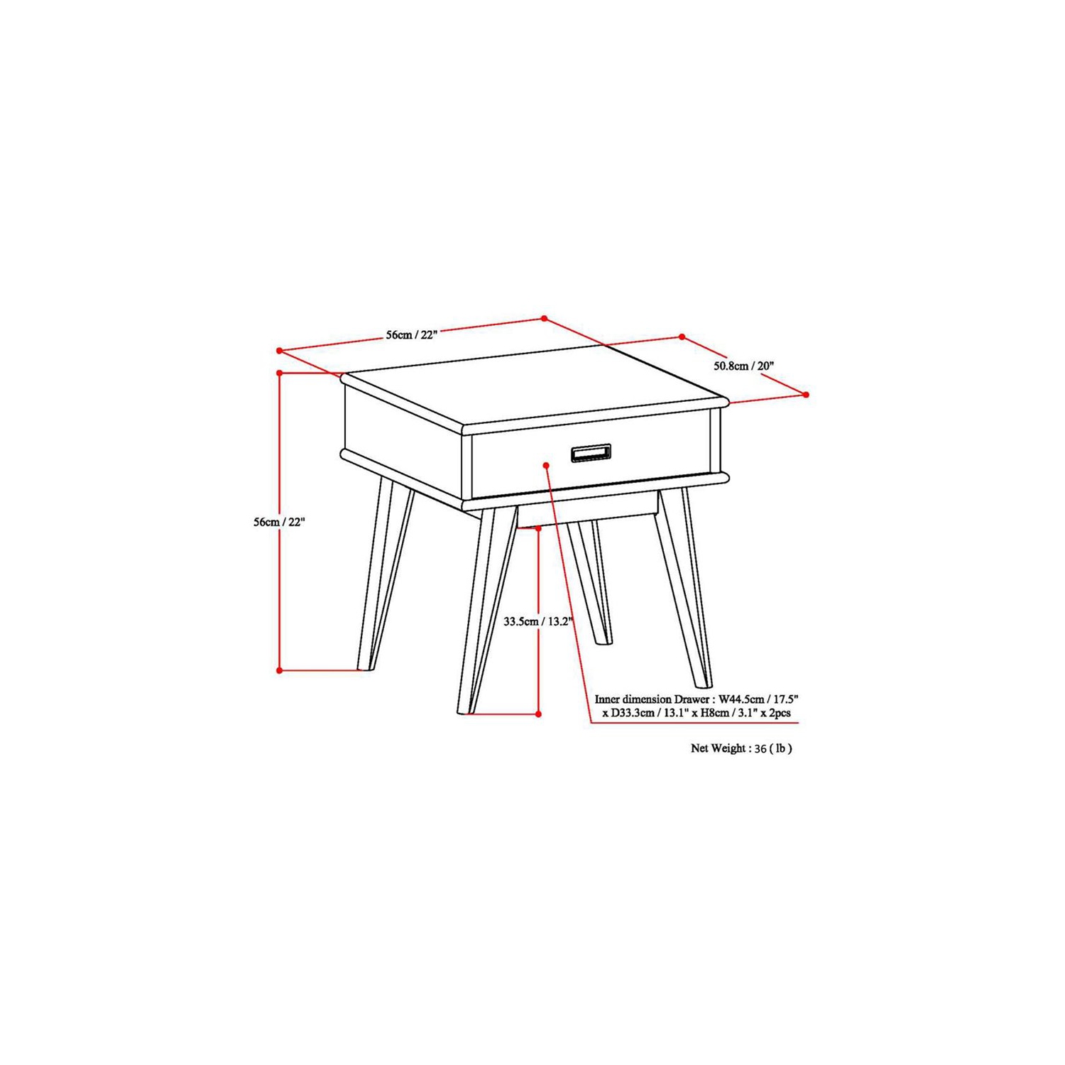 Simpli Home Draper Solid Hardood 22 " Rectangle Mid-Century Modern End Table in Medium Auburn Brown