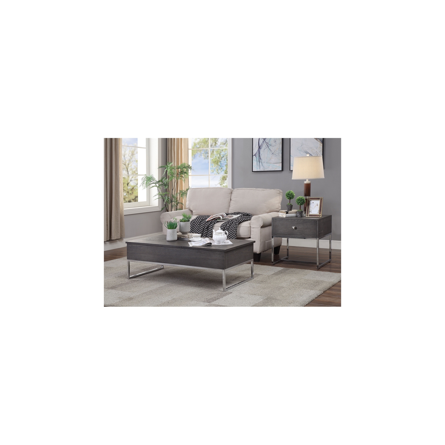 ACME Iban End Table in Gray Oak and Chrome