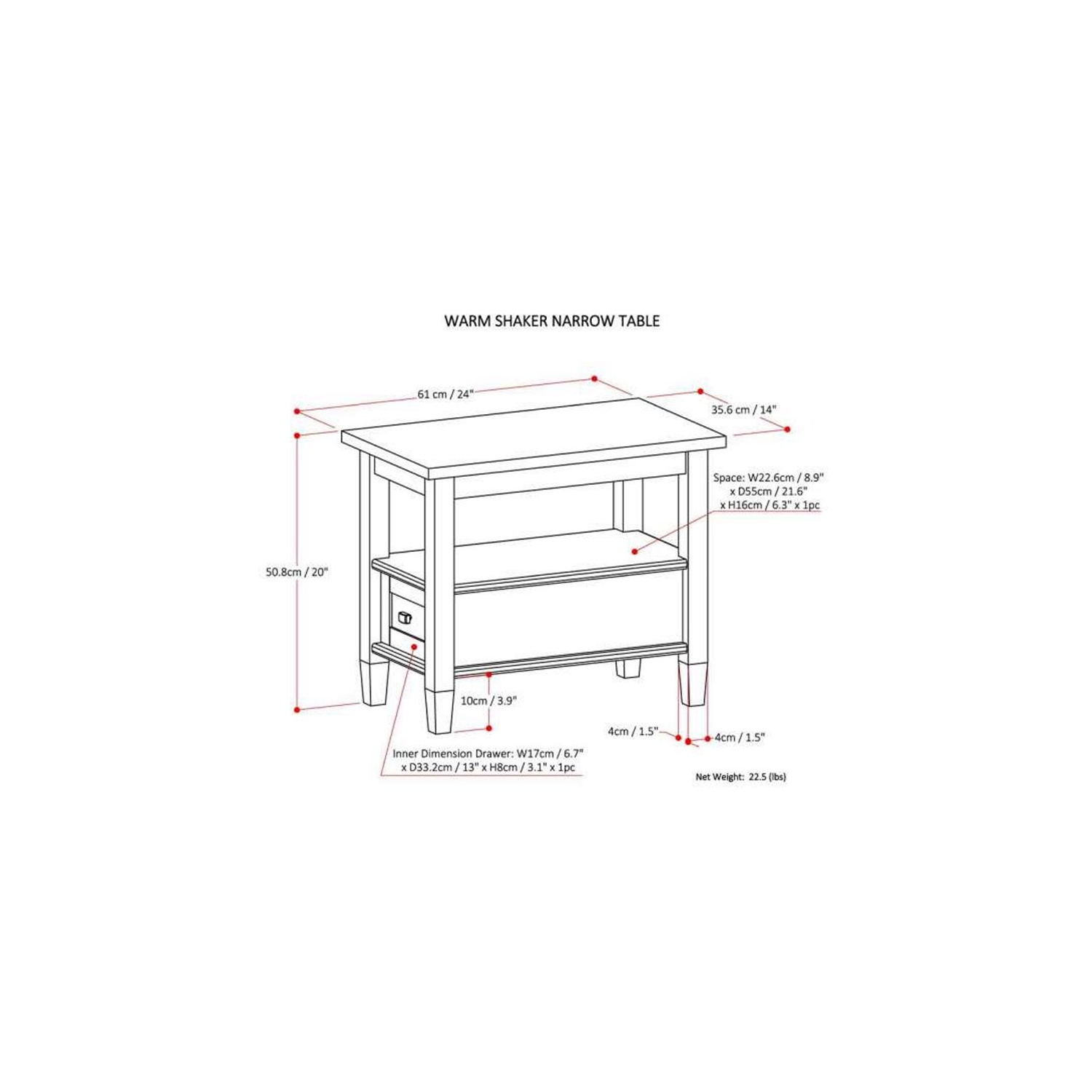 Simpli Home Warm Shaker Wood 14" Rectangle Transitional Narrow Side Table in Light Golden Brown