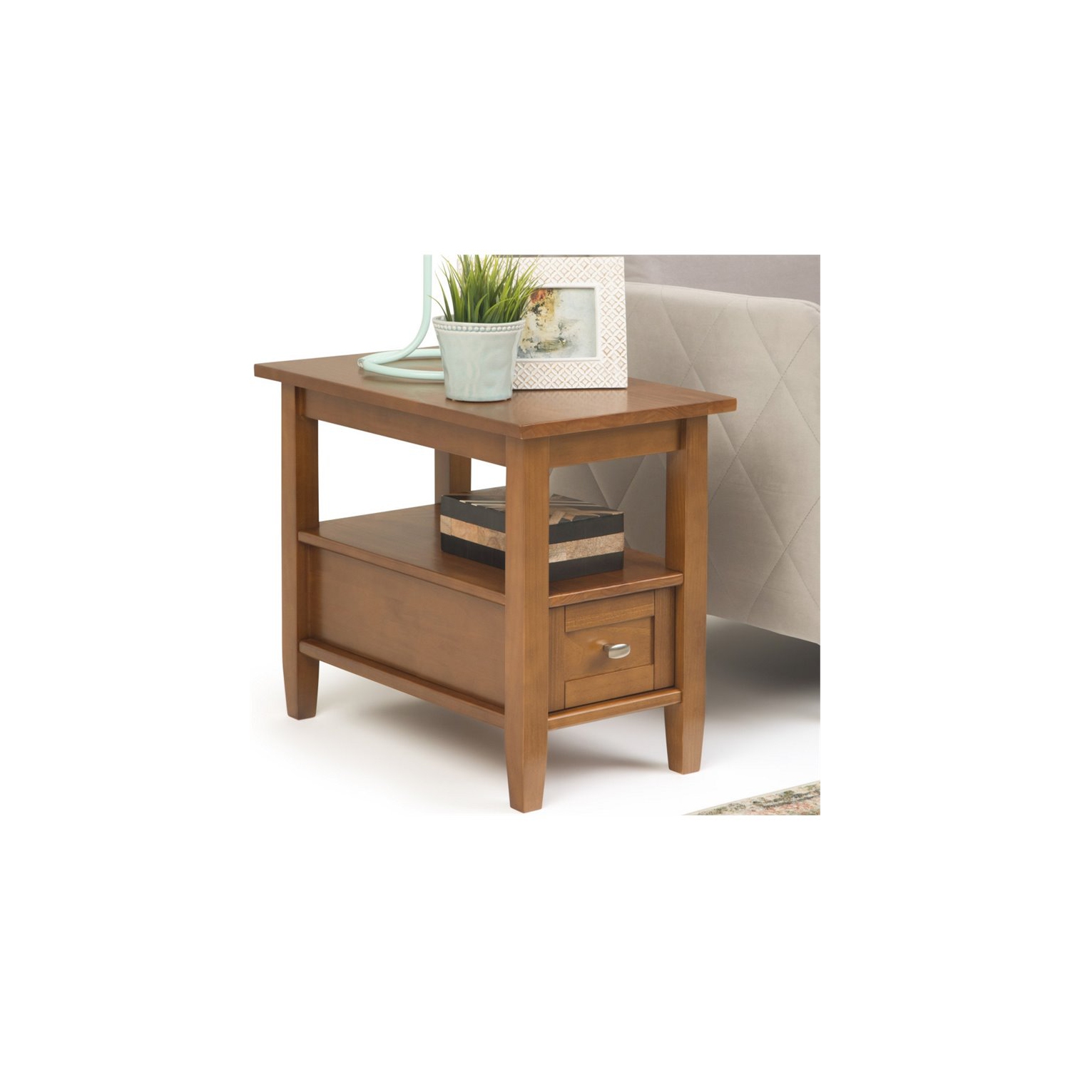 Simpli Home Warm Shaker Wood 14" Rectangle Transitional Narrow Side Table in Light Golden Brown