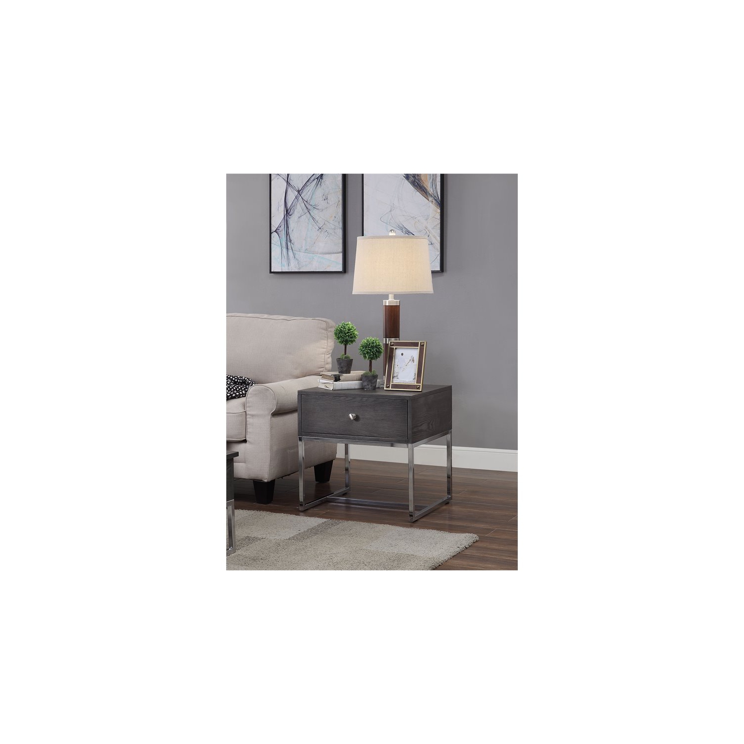 Bowery Hill Transitional End Table in Gray Oak and Chrome