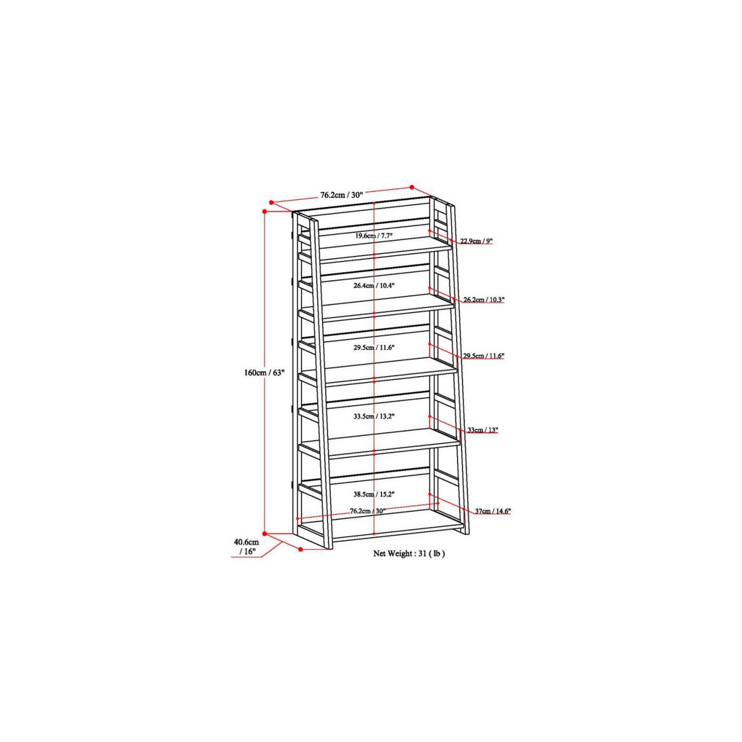 Simpli Home Acadian Wood 63" x 30" Transitional Ladder Shelf Bookcase in Brunette Brown