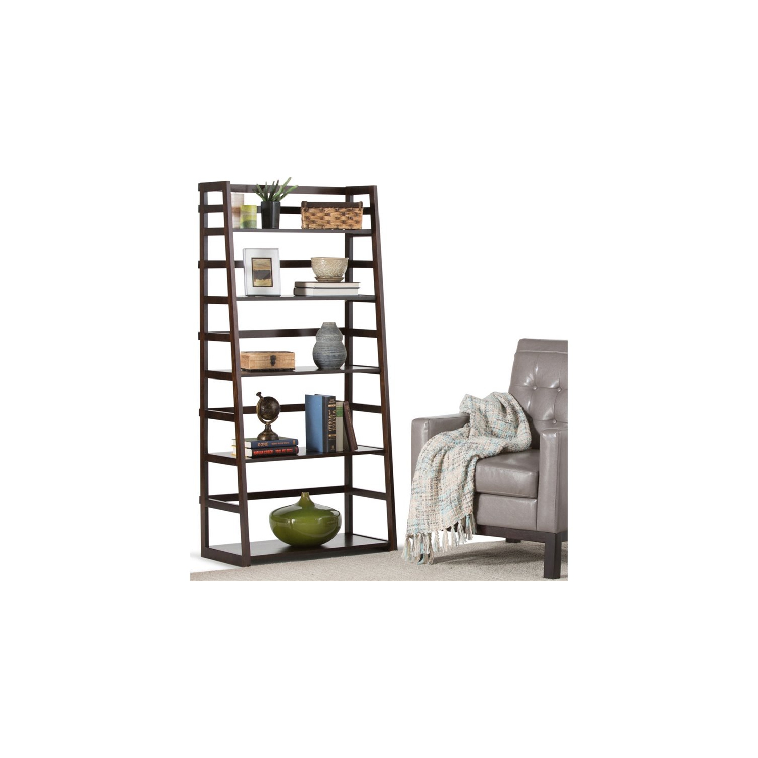 Simpli Home Acadian Wood 63" x 30" Transitional Ladder Shelf Bookcase in Brunette Brown