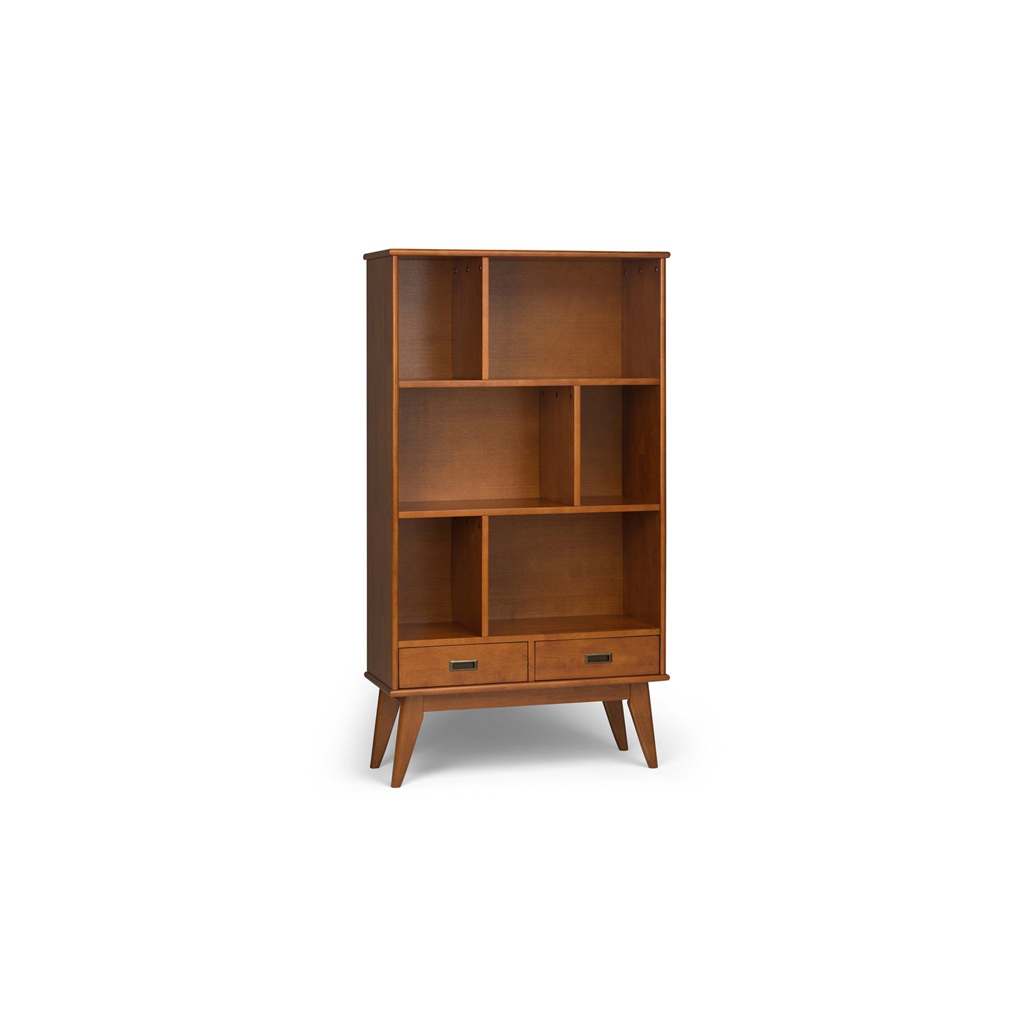 La bibliothèque moderne de 64 x 35 po Draper Solid de Simpli Home avec unité de rangement en teck brun moyen-siècle est de po