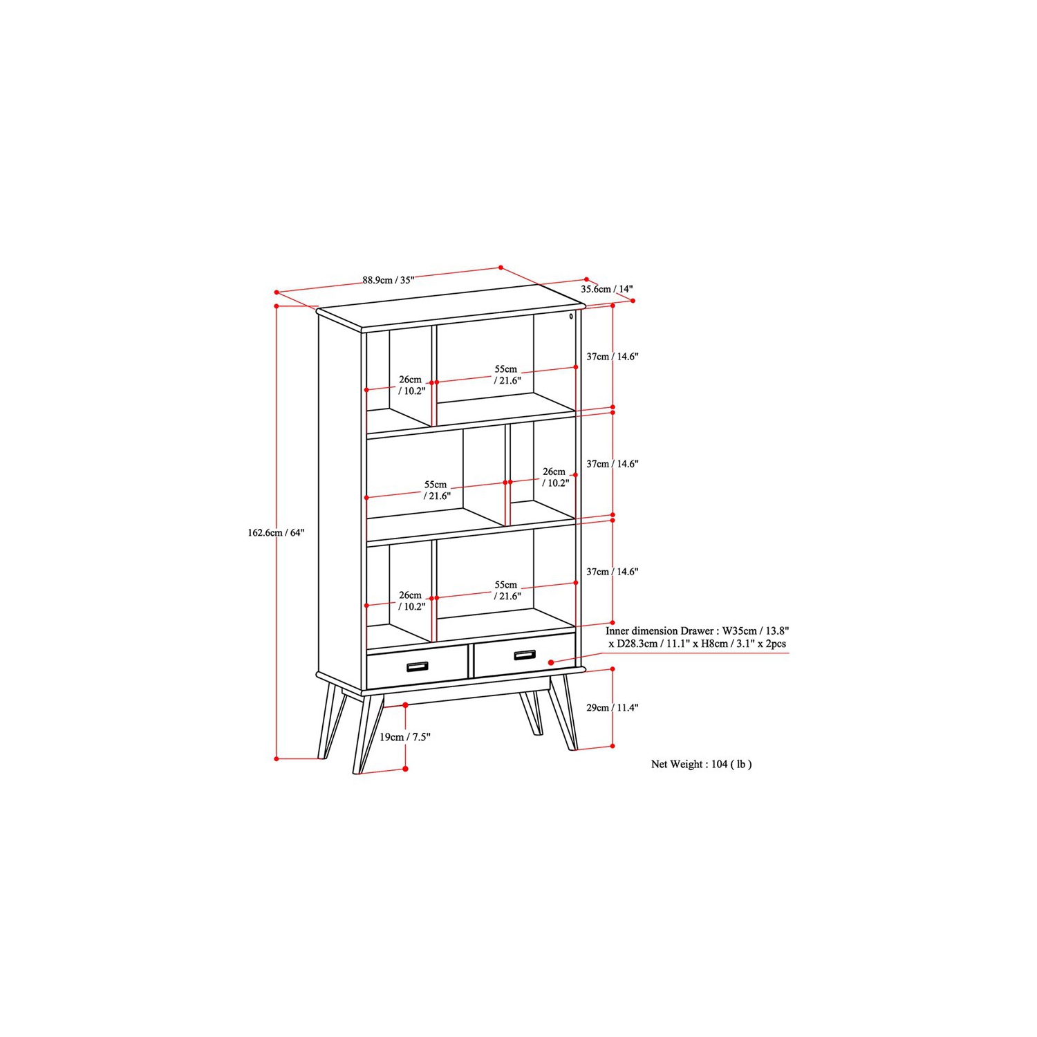 La bibliothèque moderne de 64 x 35 po Draper Solid de Simpli Home avec unité de rangement en teck brun moyen-siècle est de po