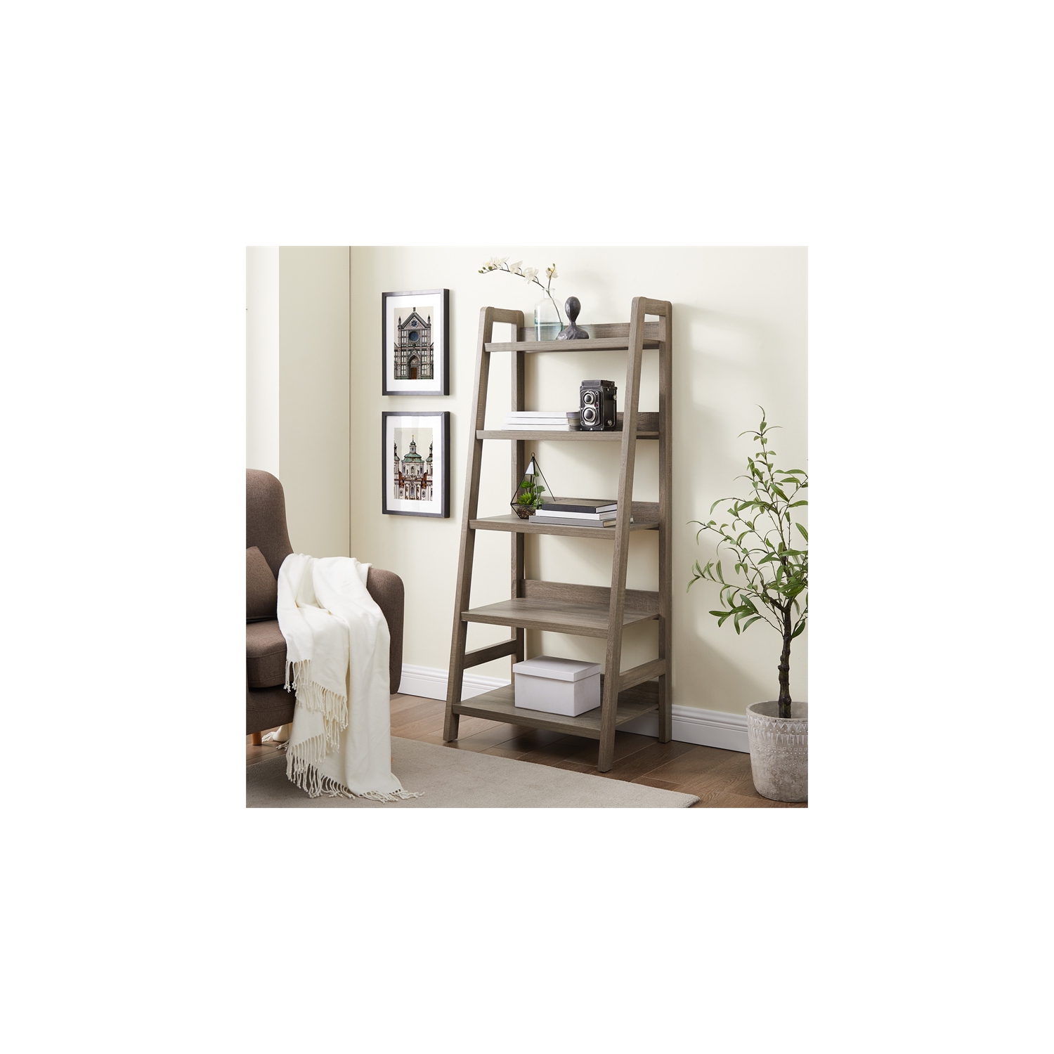 Linon Tracey Five Shelf Wood Ladder Bookcase in Gray