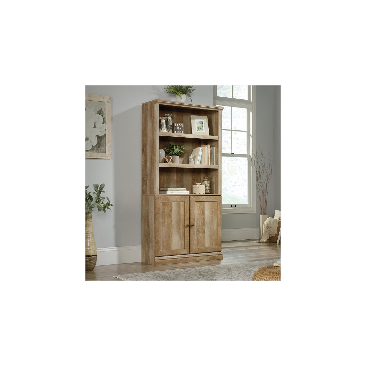 Sauder – Bibliothèque haute en bois à 3 tablettes et 2 portes, chêne linteau