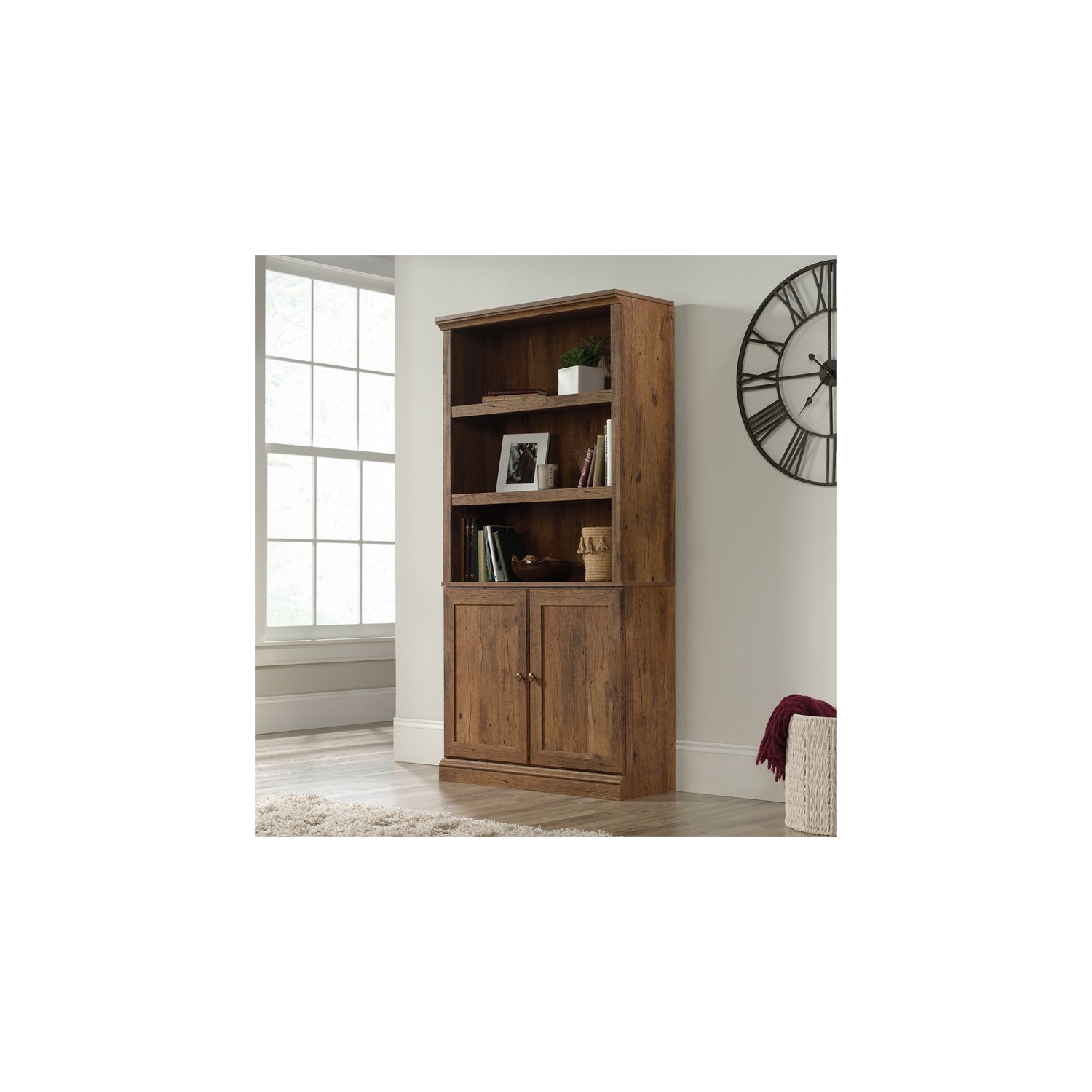 Sauder Misc Storage 3-Shelf 2-Door Tall Wood Bookcase in Vintage Oak