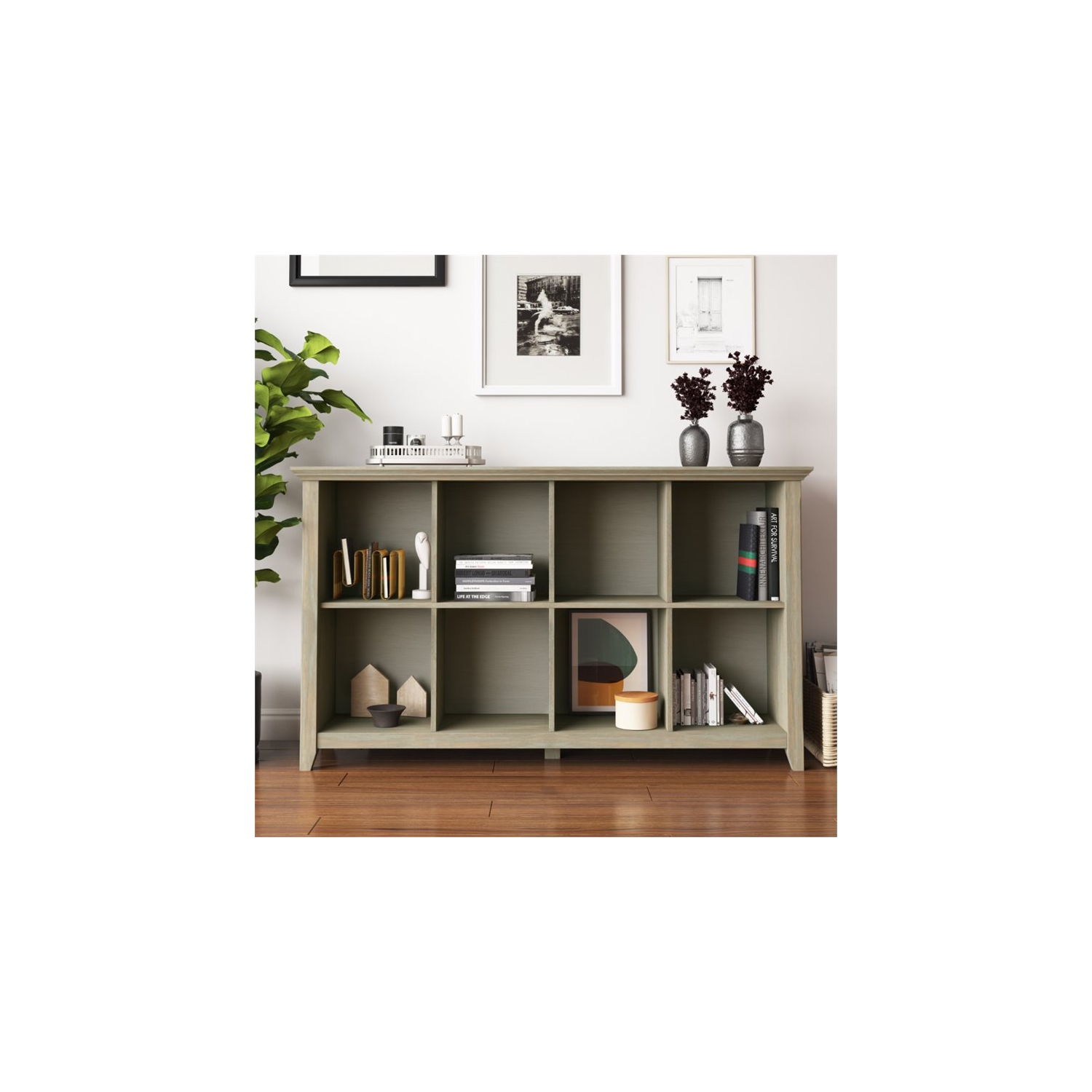 Simpli Home Acadian Wood 33" x 57" Transitional 8 Cube Sofa Table in Gray