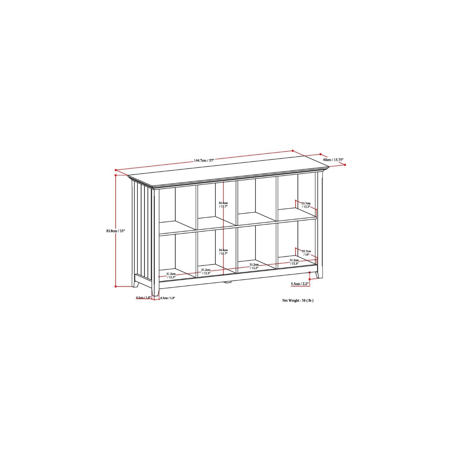 Simpli Home Acadian Wood 33" x 57" Transitional 8 Cube Sofa Table in Gray