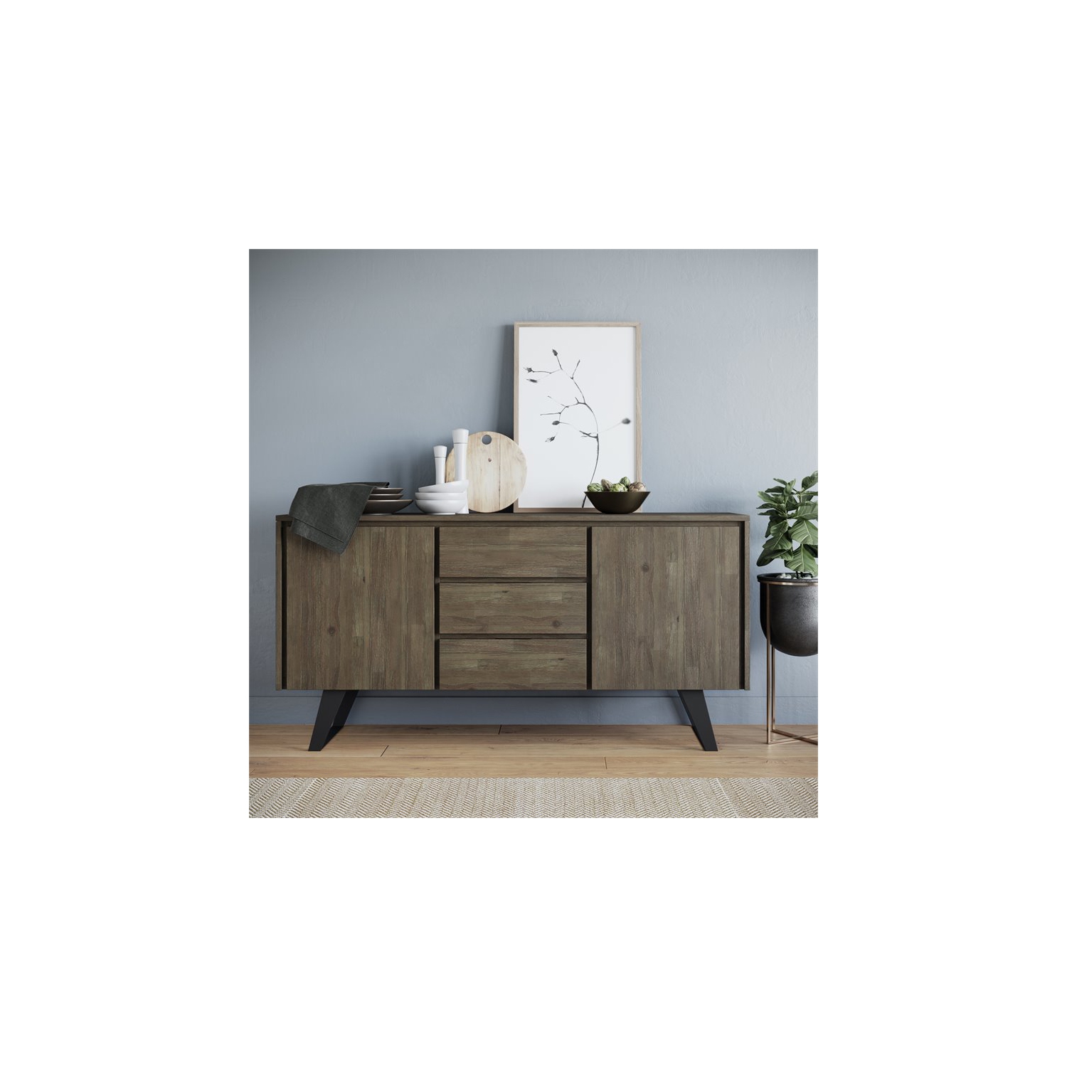 Simpli Home Lowry Solid Acacia Wood Sideboard Buffet in Gray