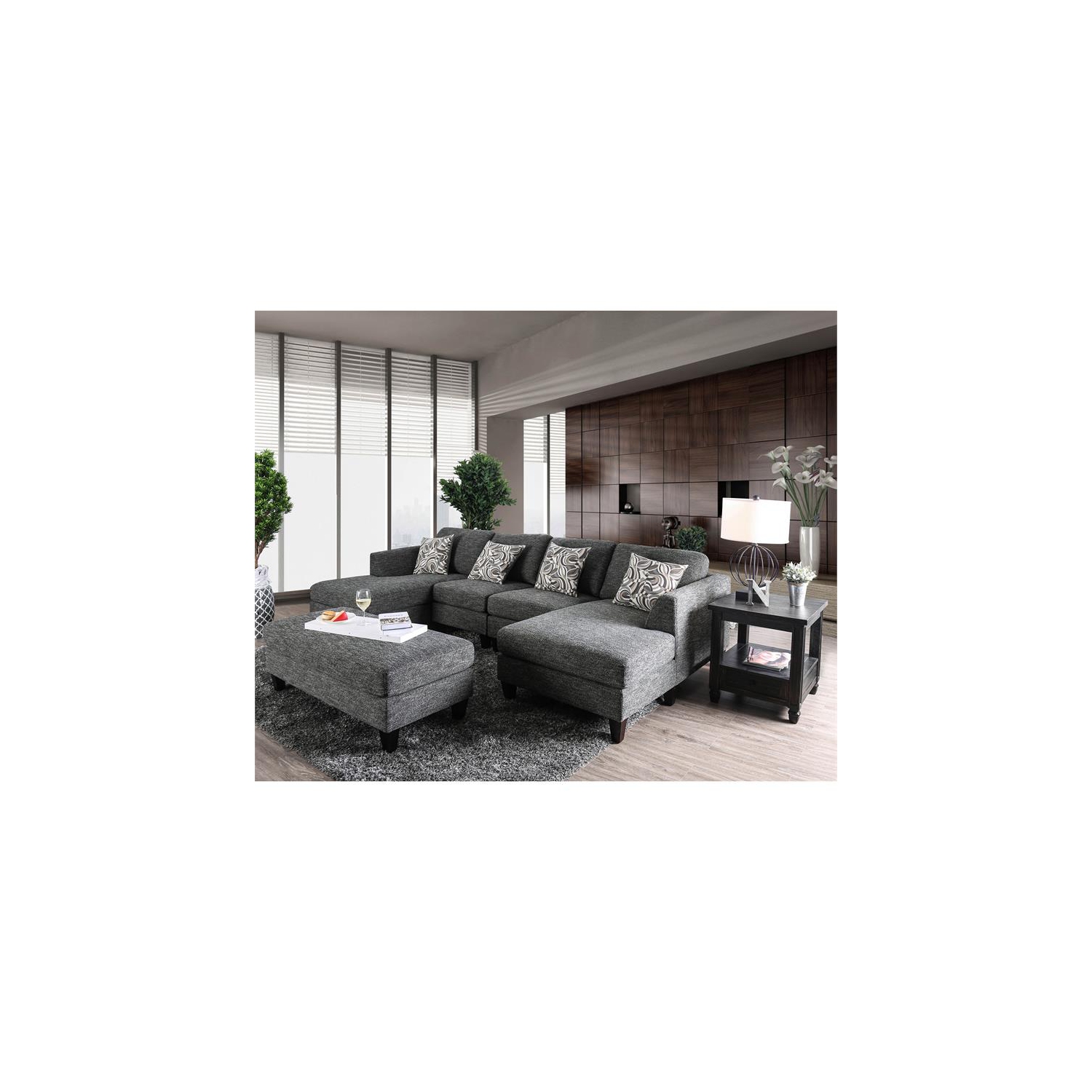 Furniture of America Burcham Transitional Chenille Upholstered Ottoman in Gray