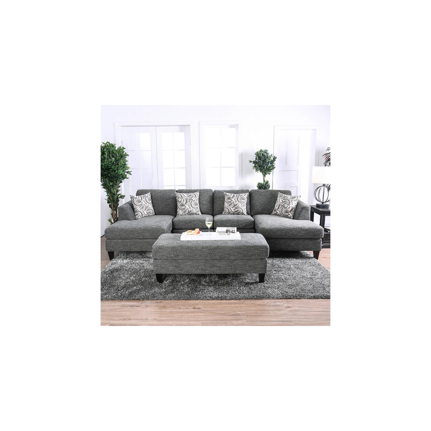 Furniture of America Burcham Transitional Chenille Upholstered Ottoman in Gray