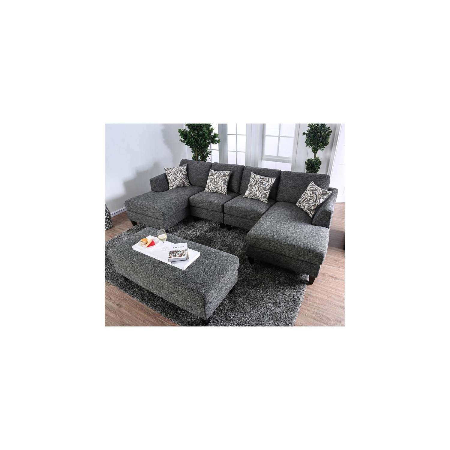 Furniture of America Burcham Transitional Chenille Upholstered Ottoman in Gray