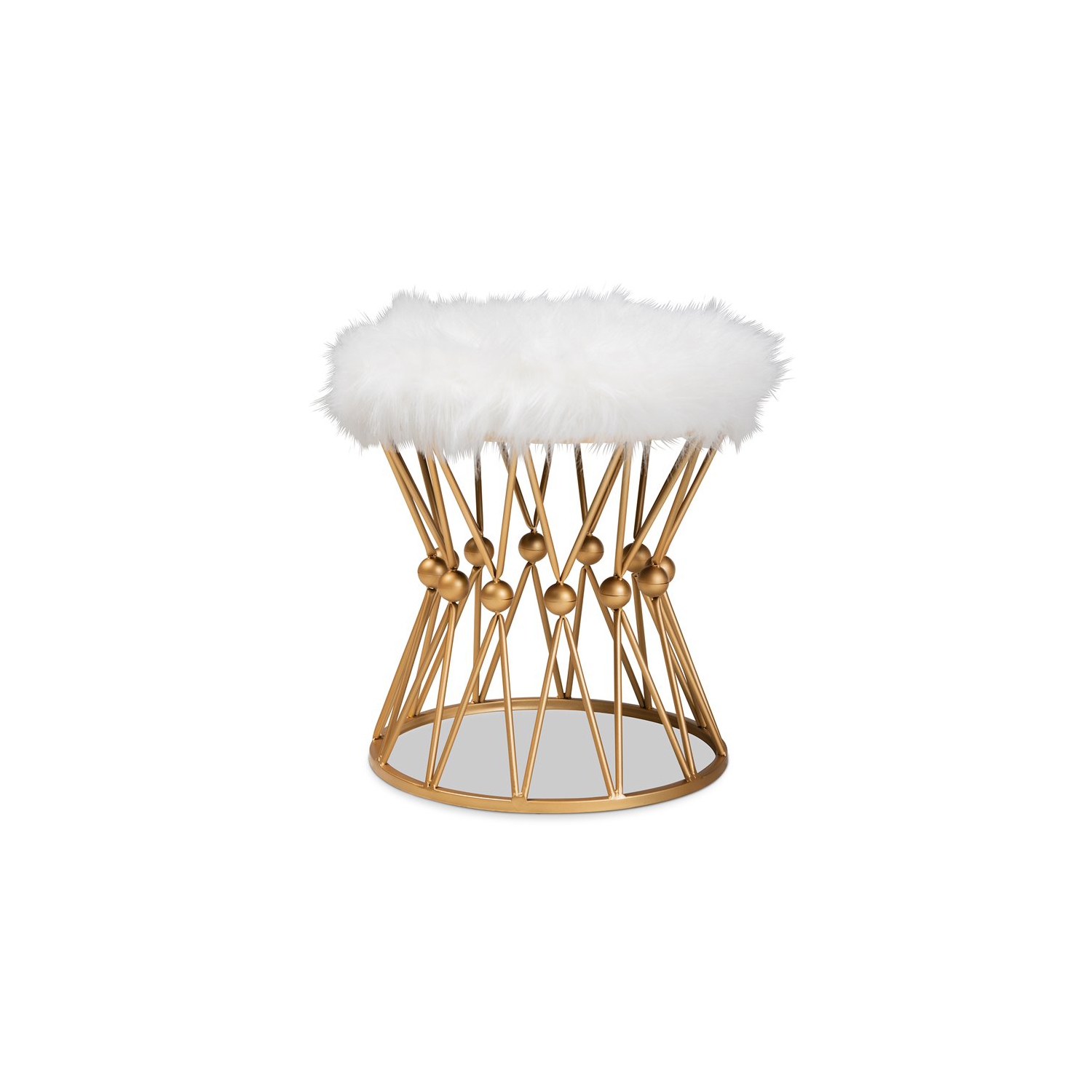 Baxton Studio Leonie Faux Fur Upholstered Gold Finish Metal Ottoman in White