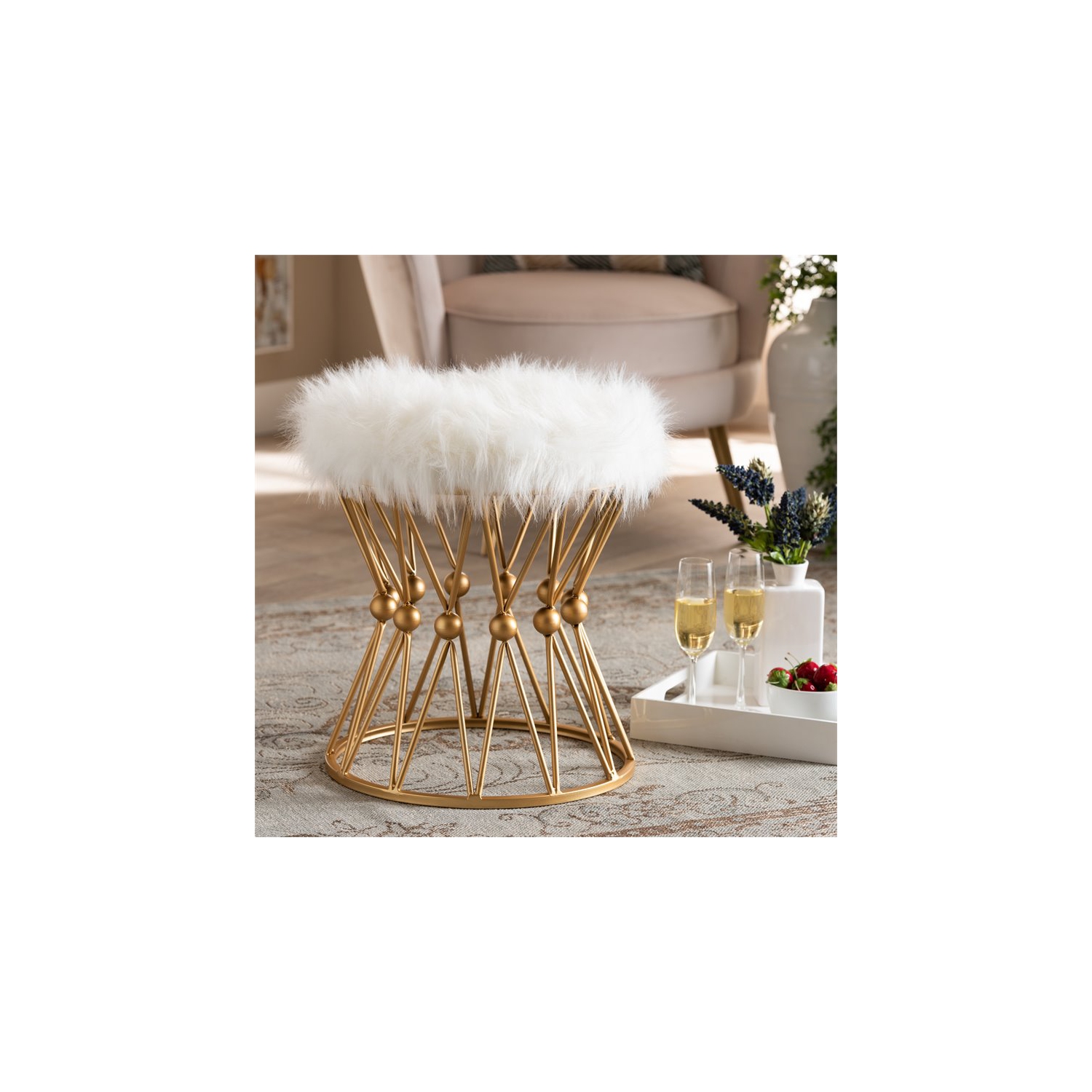 Baxton Studio Leonie Faux Fur Upholstered Gold Finish Metal Ottoman in White