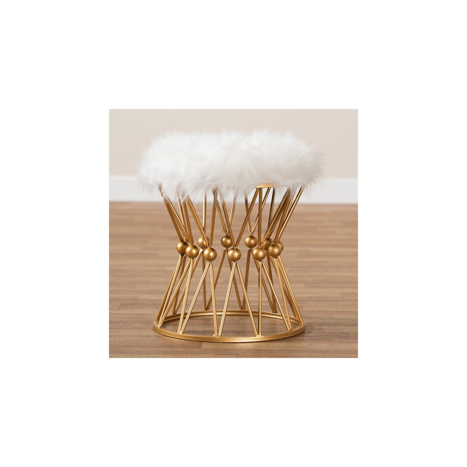 Baxton Studio Leonie Faux Fur Upholstered Gold Finish Metal Ottoman in White