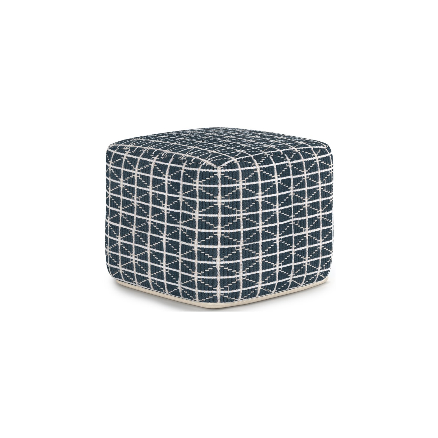 Simpli Home Noreen Boho Square Pouf in Dark Blue and White Handloom Woven Pattern