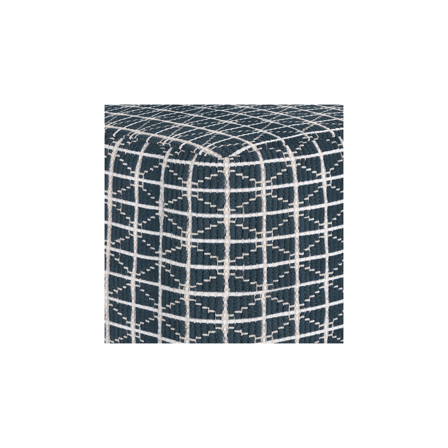 Simpli Home Noreen Boho Square Pouf in Dark Blue and White Handloom Woven Pattern