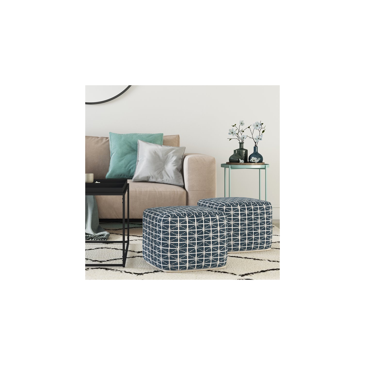 Simpli Home Noreen Boho Square Pouf in Dark Blue and White Handloom Woven Pattern