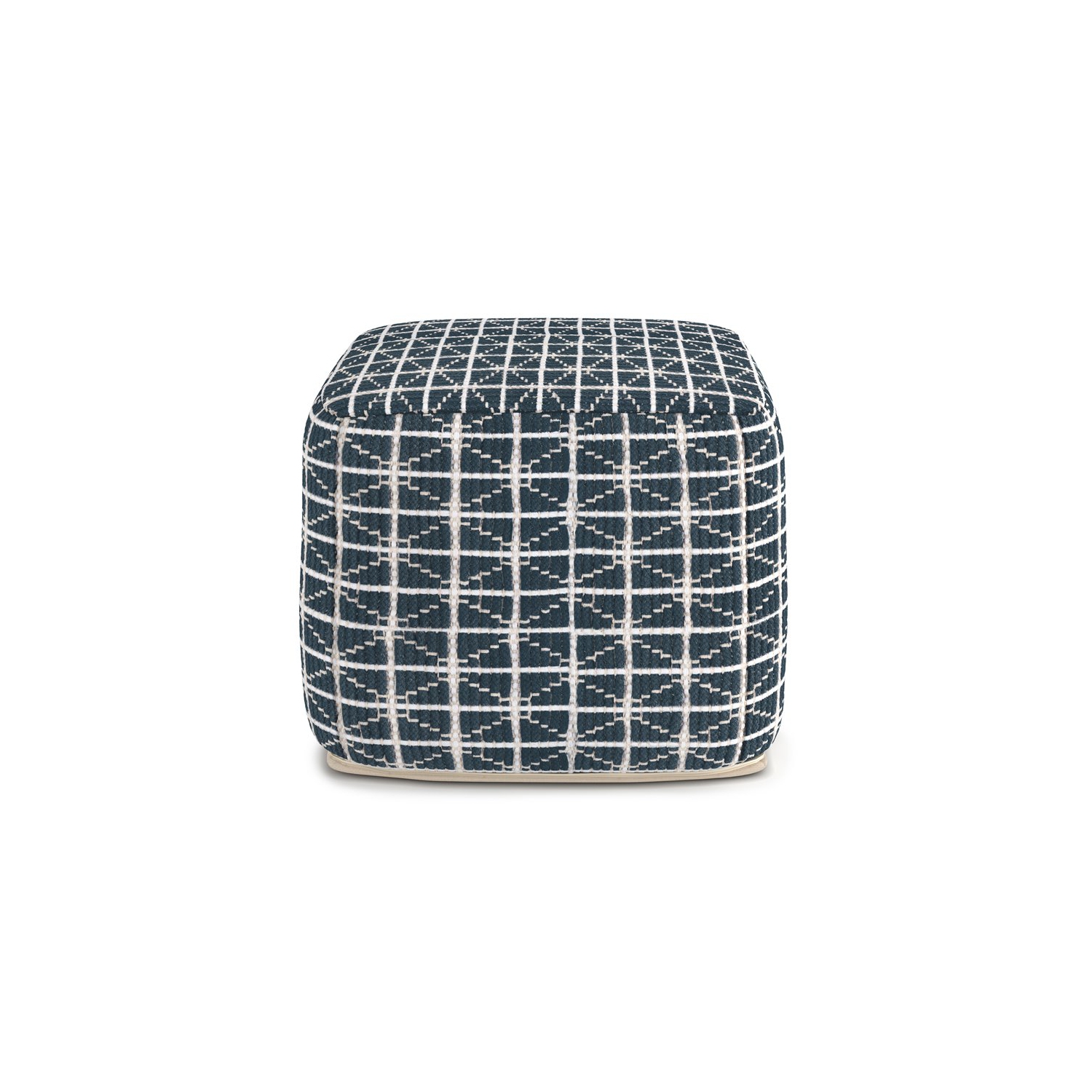 Simpli Home Noreen Boho Square Pouf in Dark Blue and White Handloom Woven Pattern