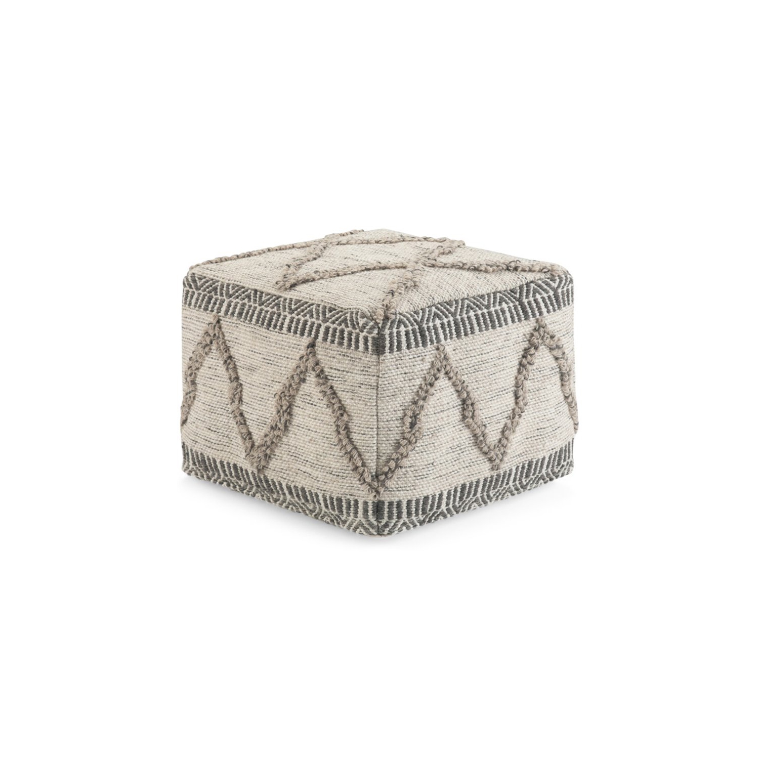 Simpli Home Sweeney Boho Square Pouf in Gray and Natural Handloom Woven Pattern