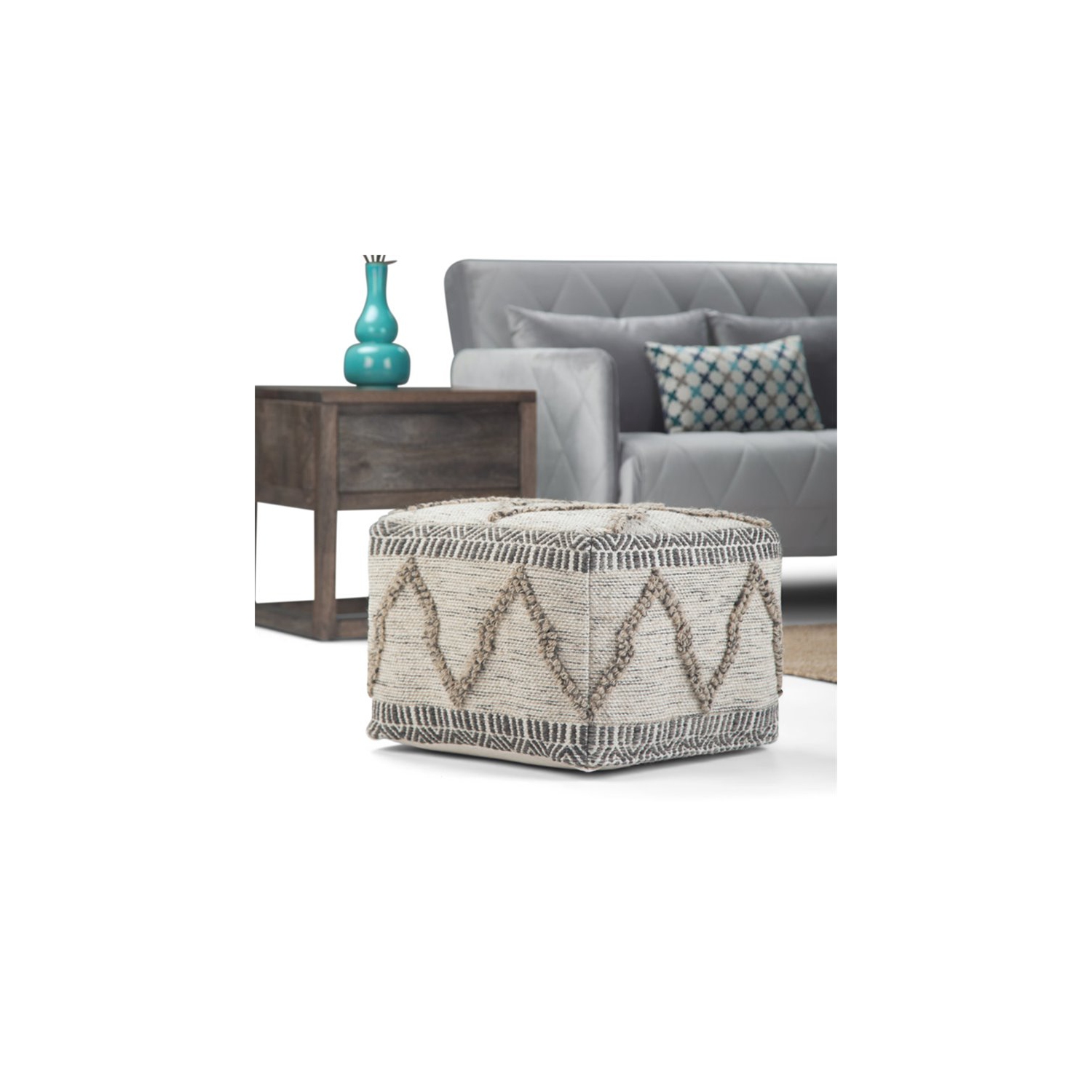 Simpli Home Sweeney Boho Square Pouf in Gray and Natural Handloom Woven Pattern