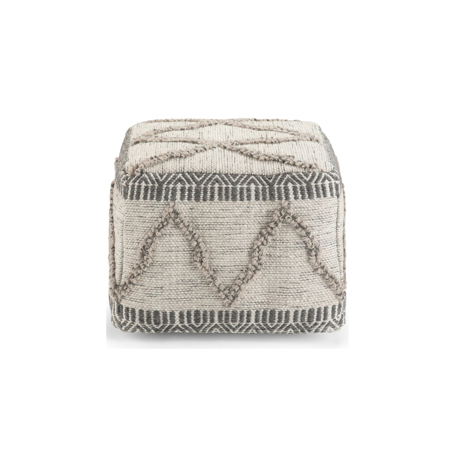Simpli Home Sweeney Boho Square Pouf in Gray and Natural Handloom Woven Pattern