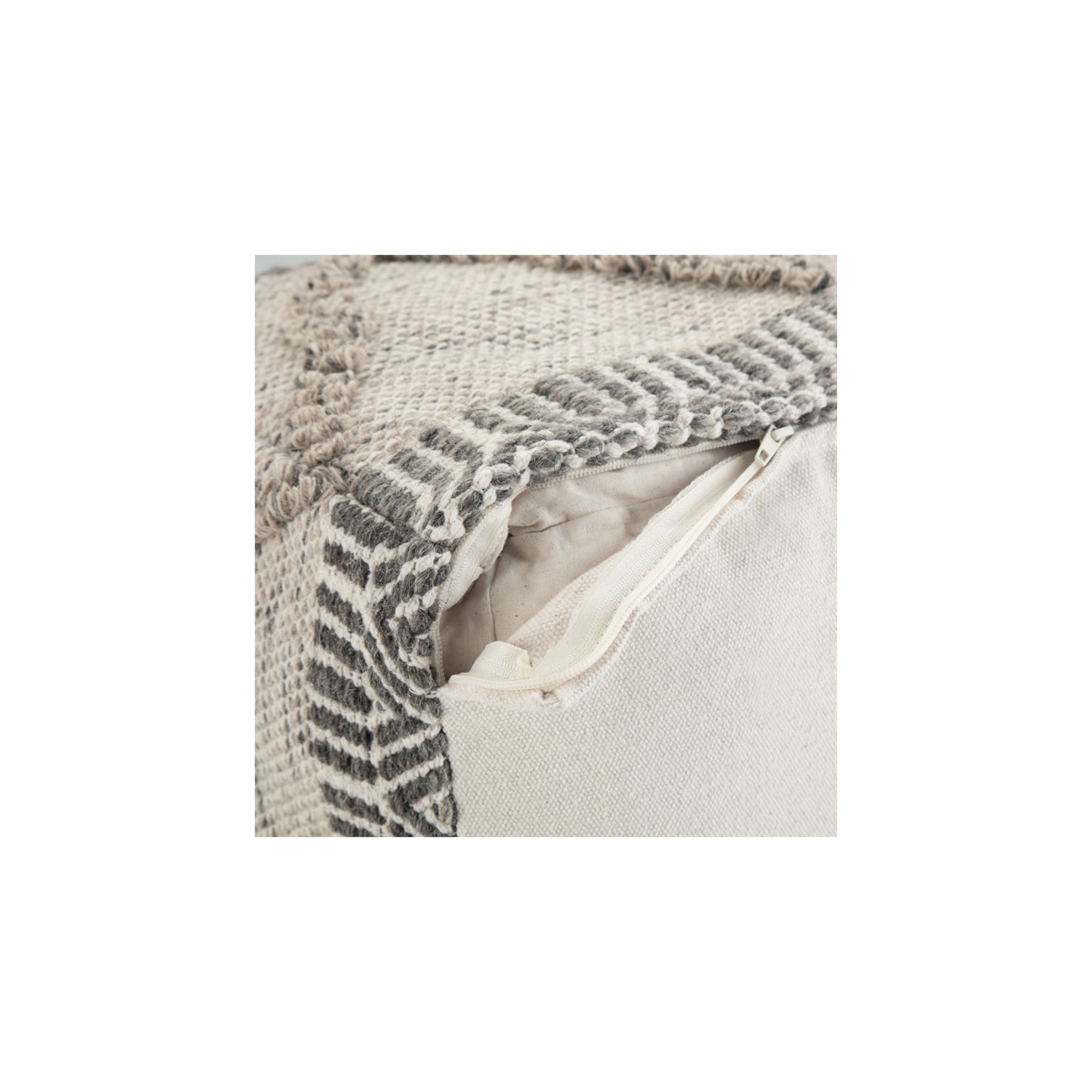 Simpli Home Sweeney Boho Square Pouf in Gray and Natural Handloom Woven Pattern